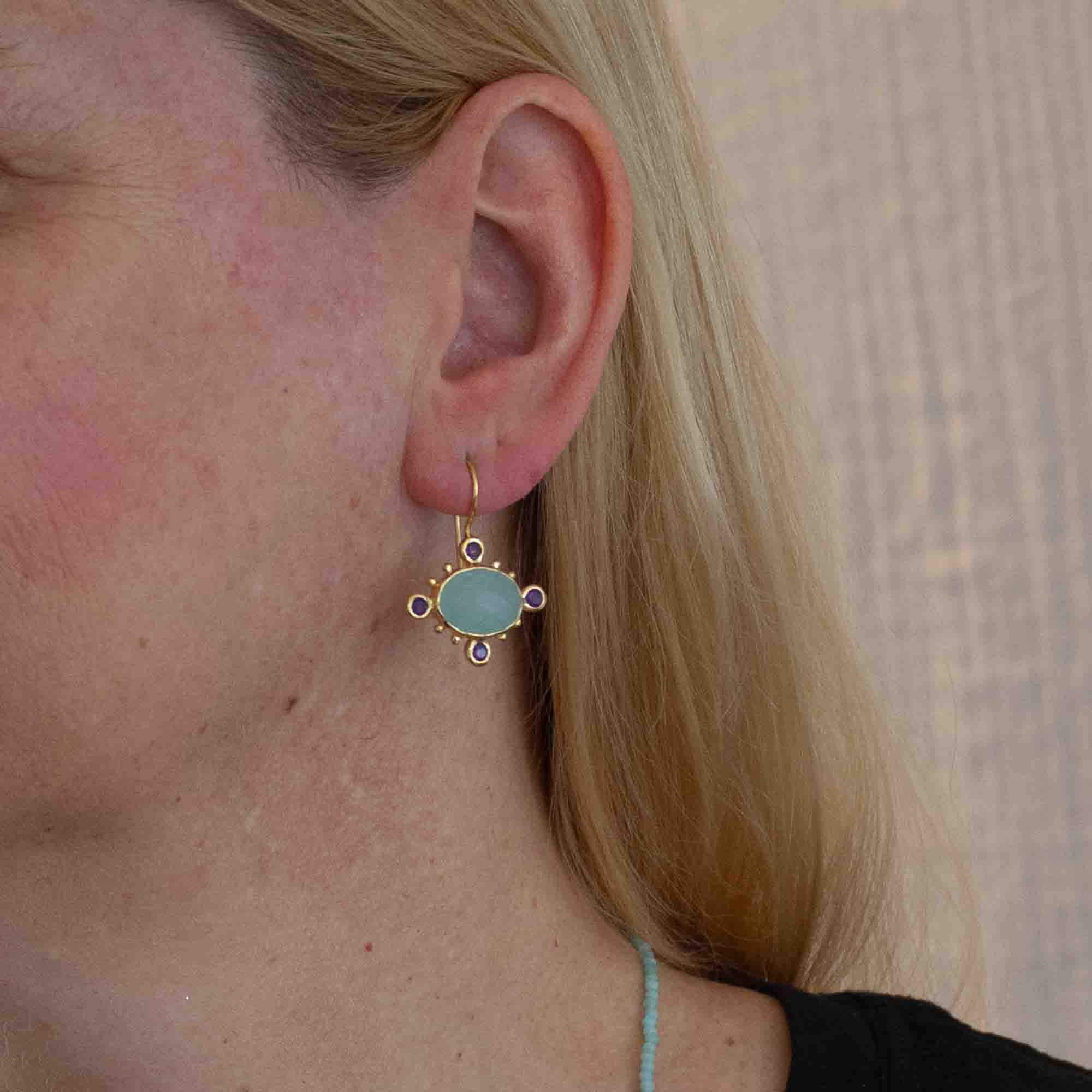 Aqua Chalcedony with Amethyst Gemstone earrings in 18k gold vermeil with a hook fitting - Beyond Biasa