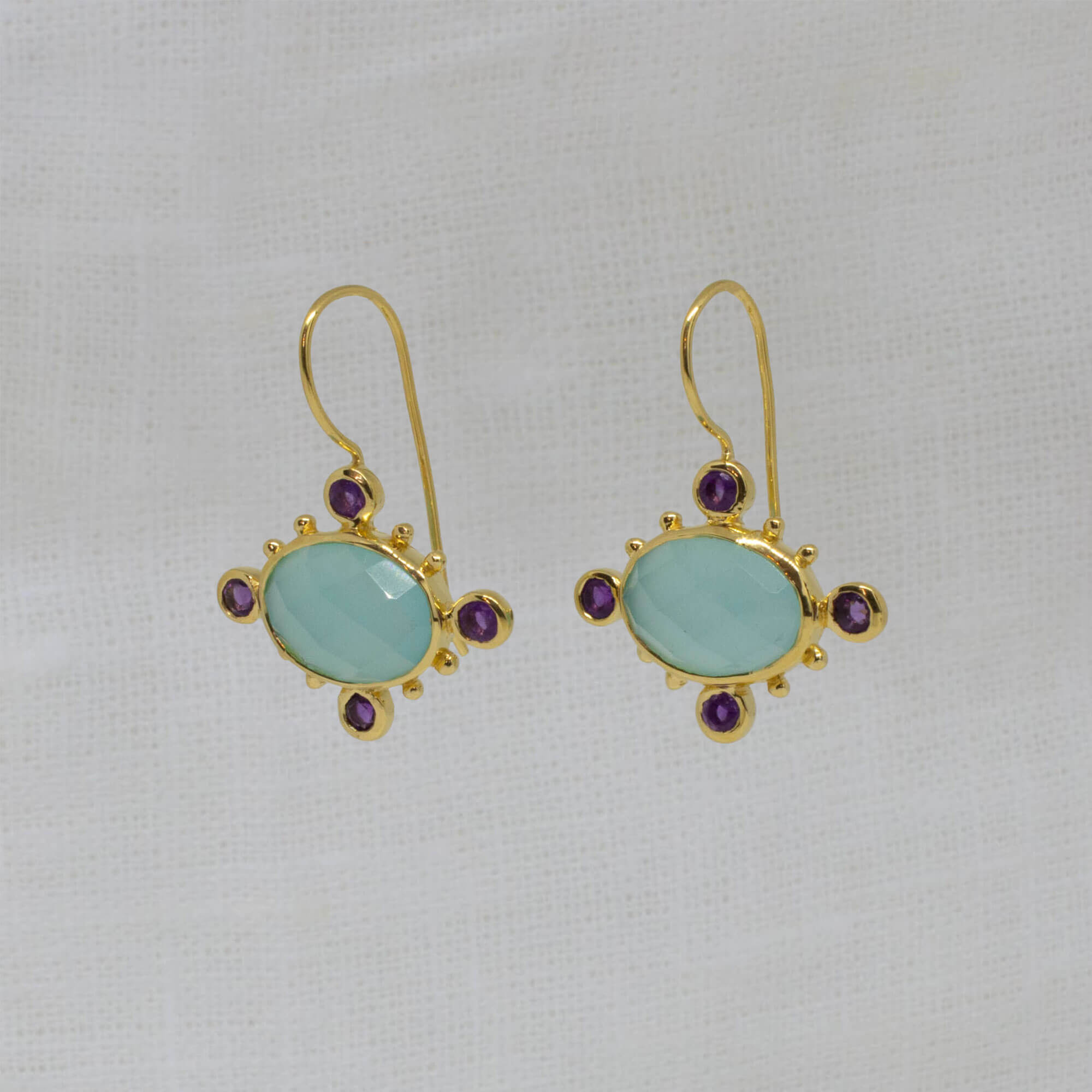 Aqua Chalcedony with Amethyst Gemstone earrings in 18k gold vermeil with a hook fitting - Beyond Biasa