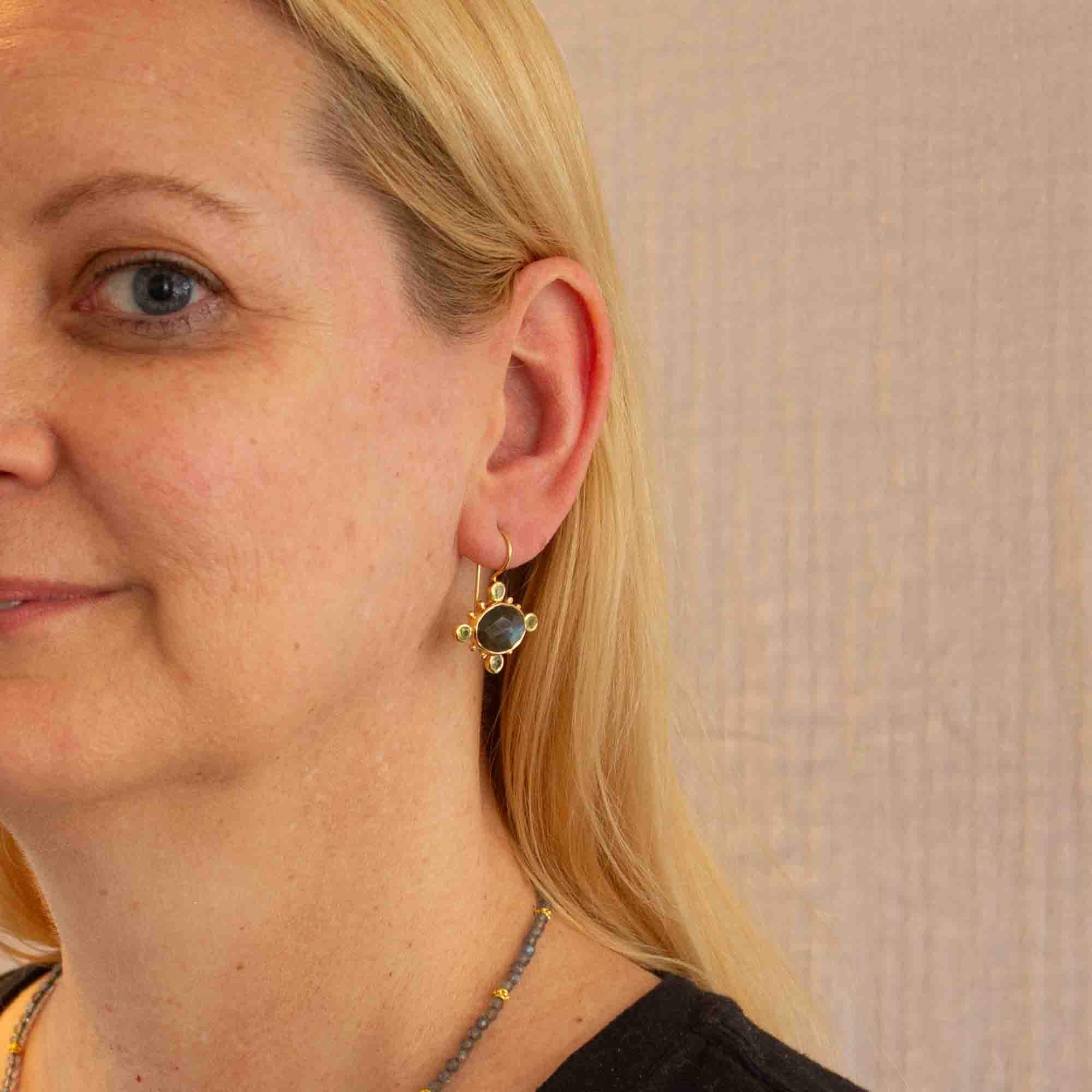 Labradorite with Peridot Gemstone earrings in 18k gold vermeil with a hook fitting - Beyond Biasa