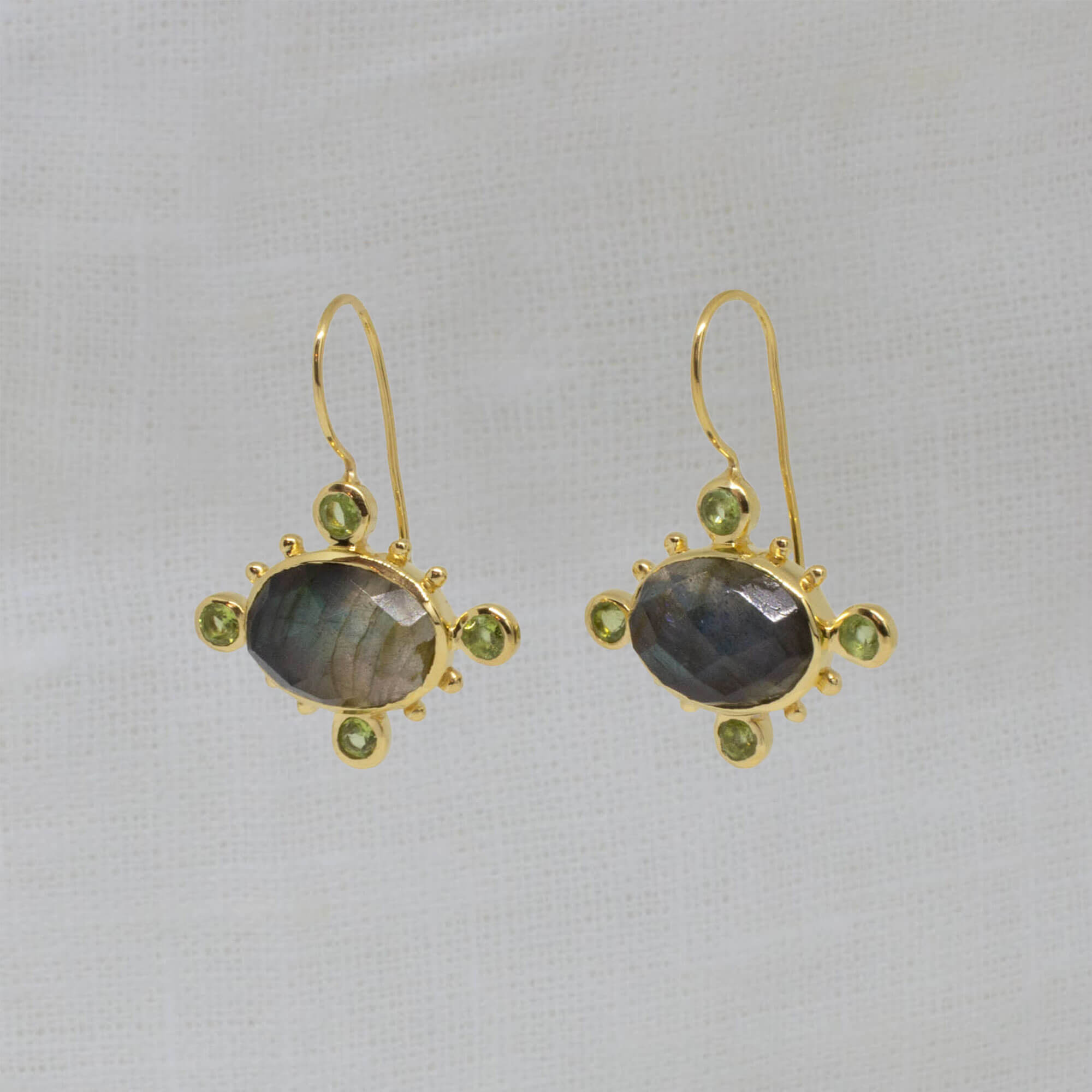 Labradorite with Peridot Gemstone earrings in 18k gold vermeil with a hook fitting - Beyond Biasa