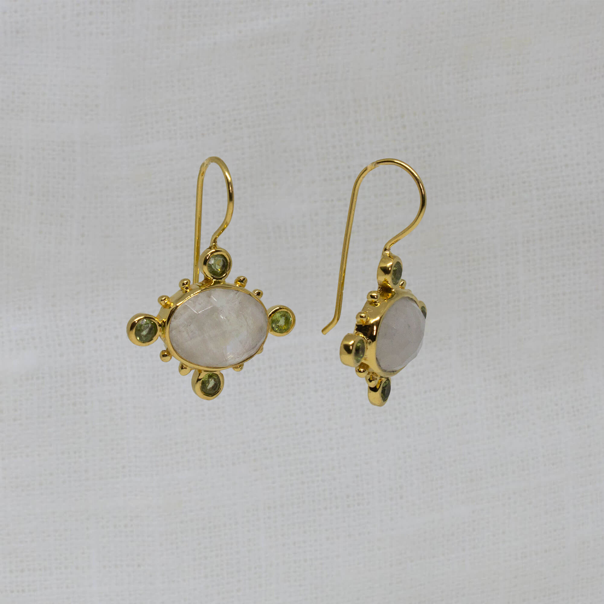 Rainbow Moonstone with Peridot Gemstone earrings in 18k gold vermeil with a hook fitting - Beyond Biasa