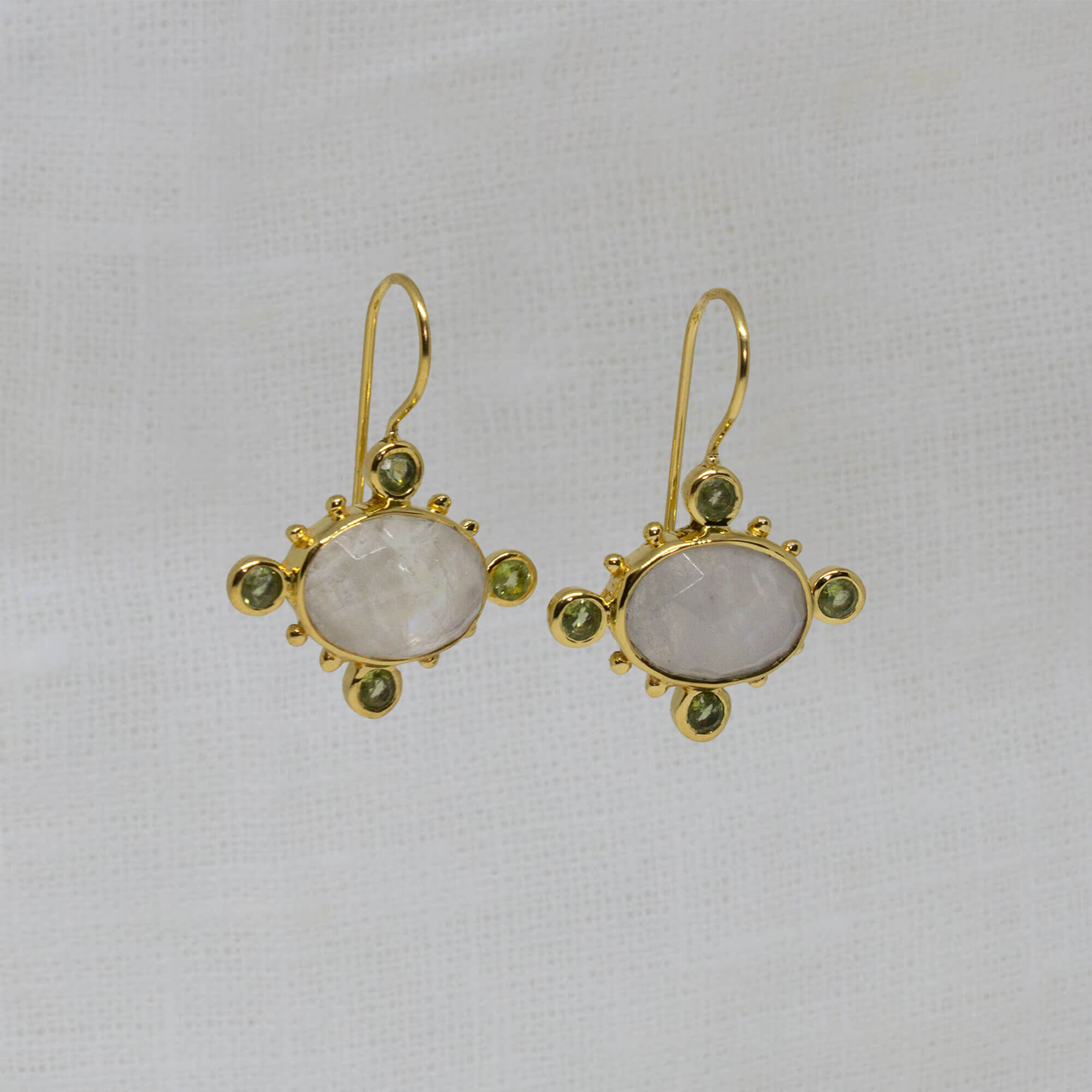 Rainbow Moonstone with Peridot Gemstone earrings in 18k gold vermeil with a hook fitting - Beyond Biasa
