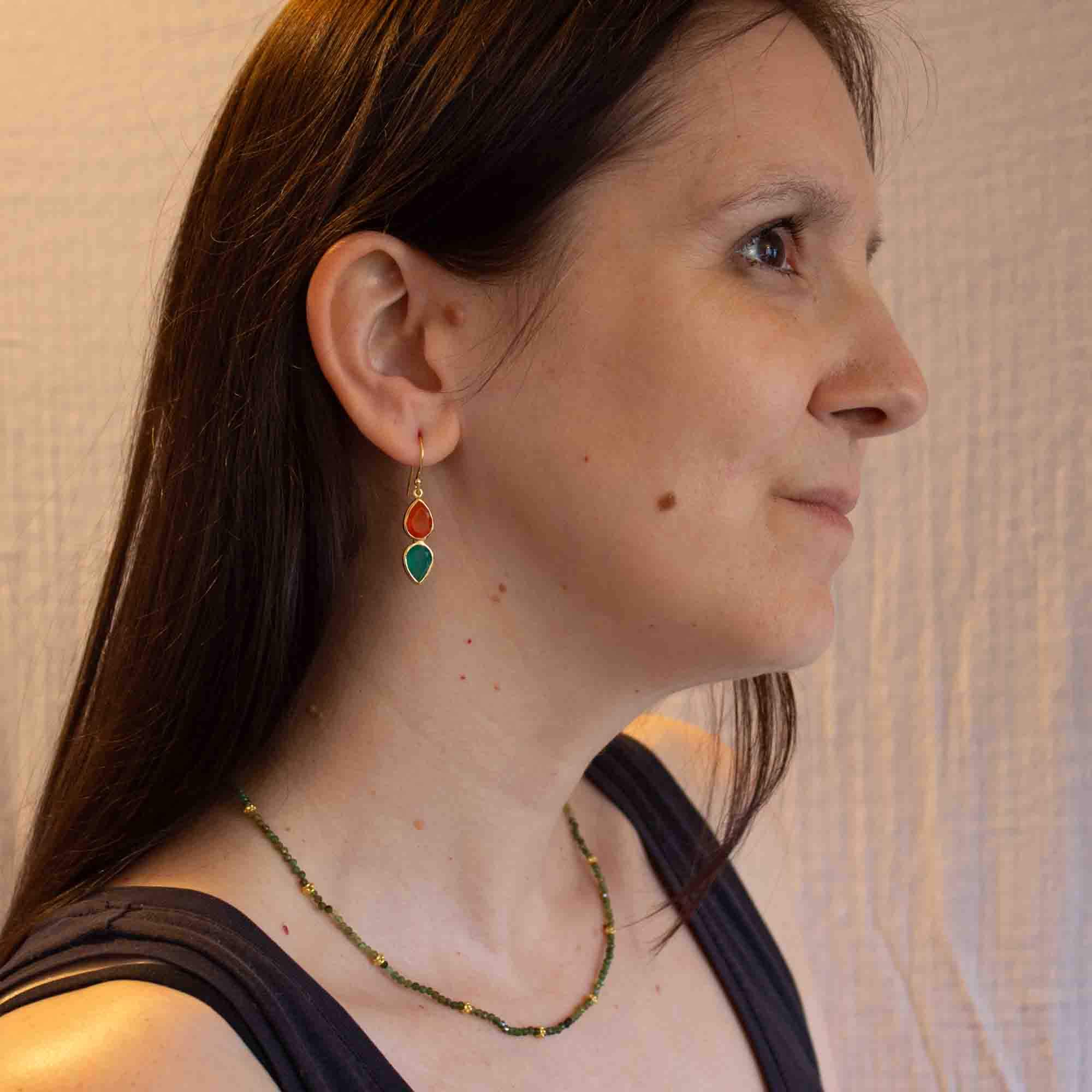 Carnelian and Green Onyx Double Teardrop dangle earrings in 18k gold vermeil with a simple hook fitting
