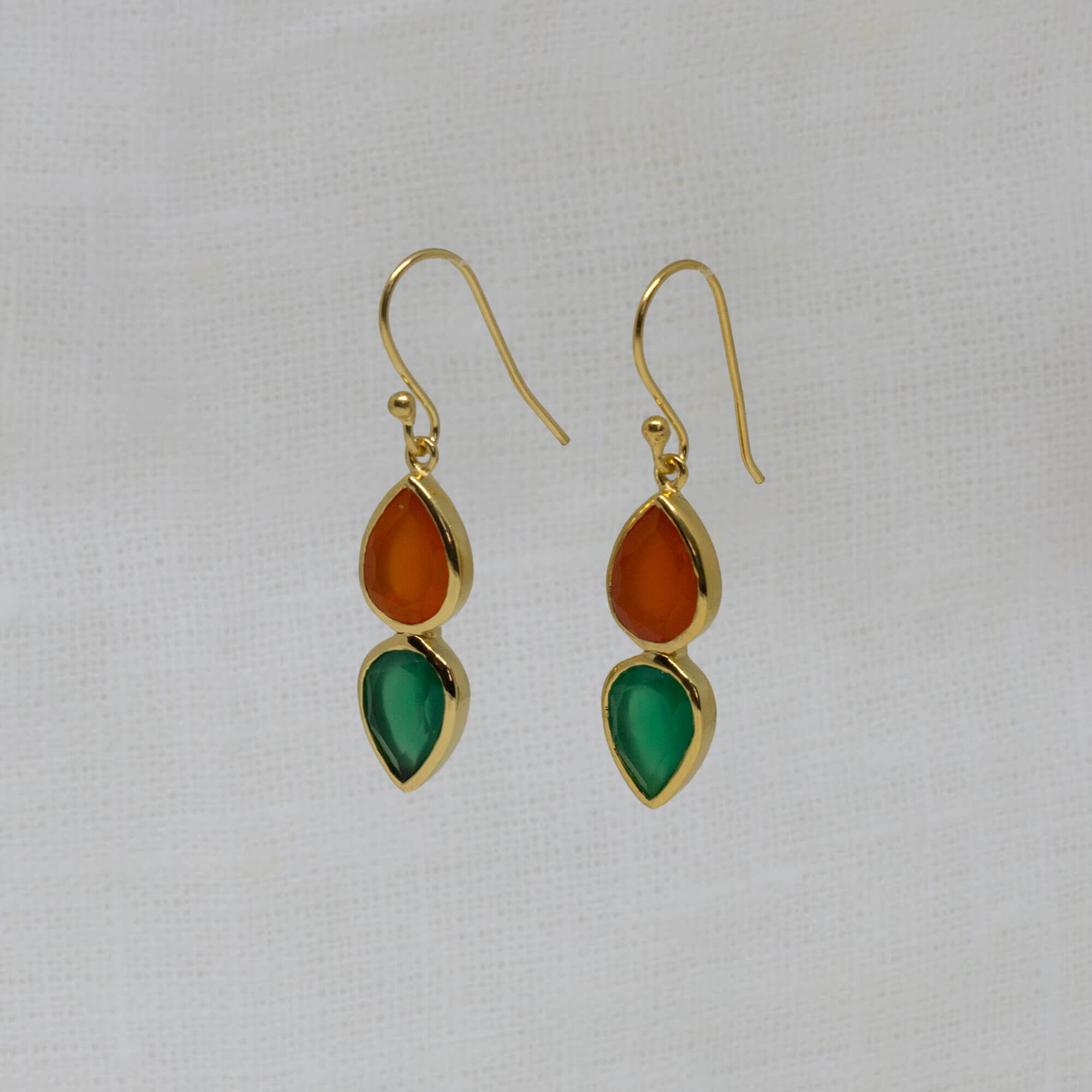Carnelian and Green Onyx Double Teardrop dangle earrings in 18k gold vermeil with a simple hook fitting