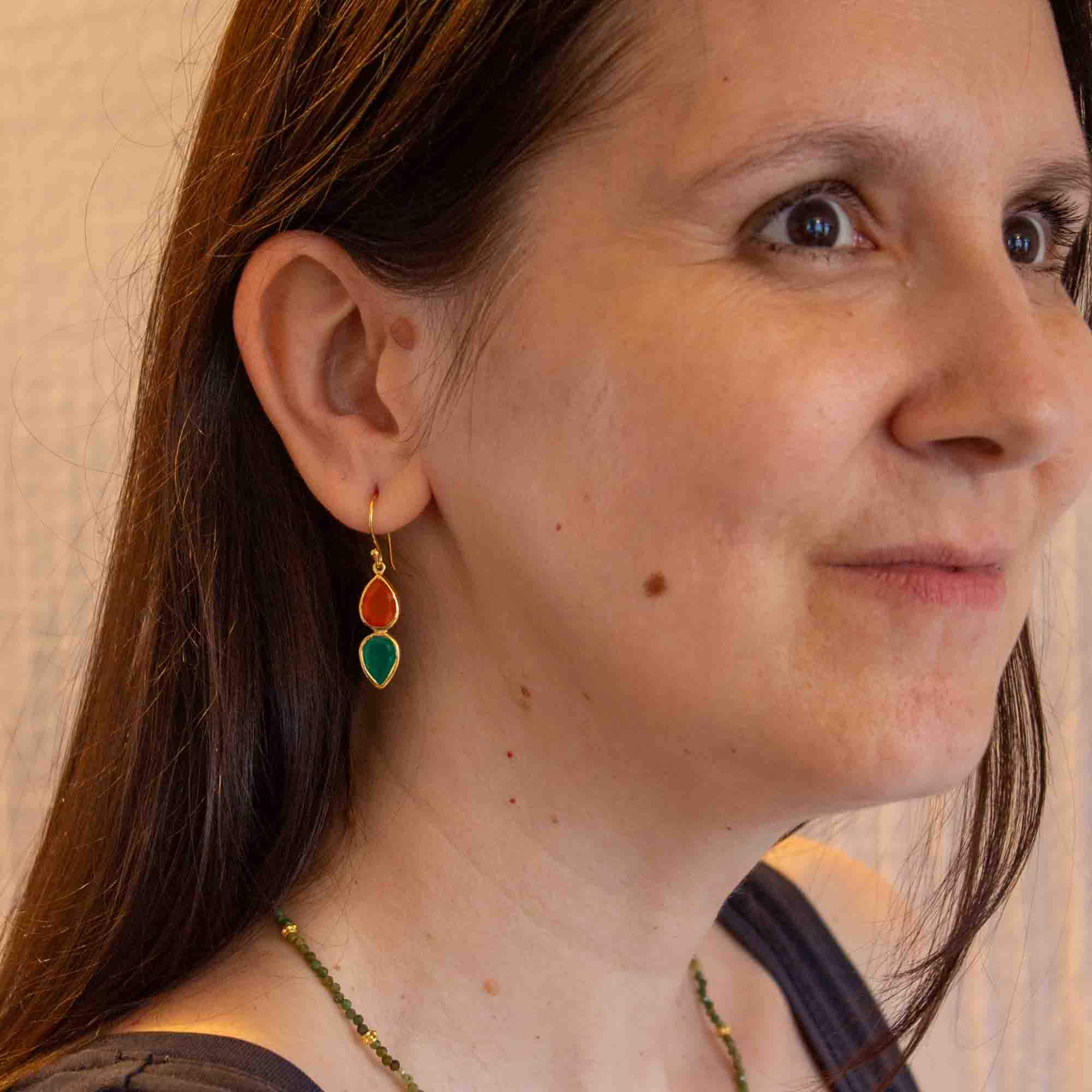 Carnelian and Green Onyx Double Teardrop dangle earrings in 18k gold vermeil with a simple hook fitting