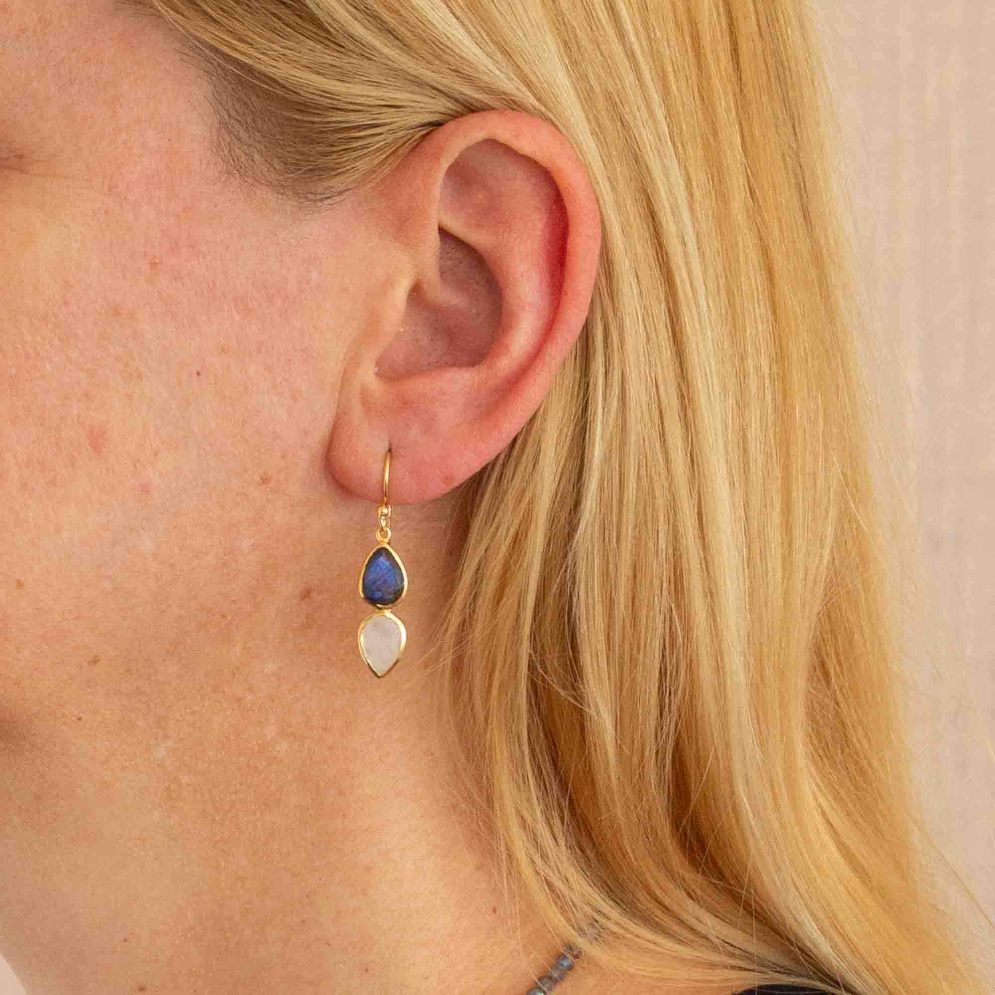 Labradorite and Rainbow Moonstone Double Teardrop dangle earrings in 18k gold vermeil with a simple hook fitting