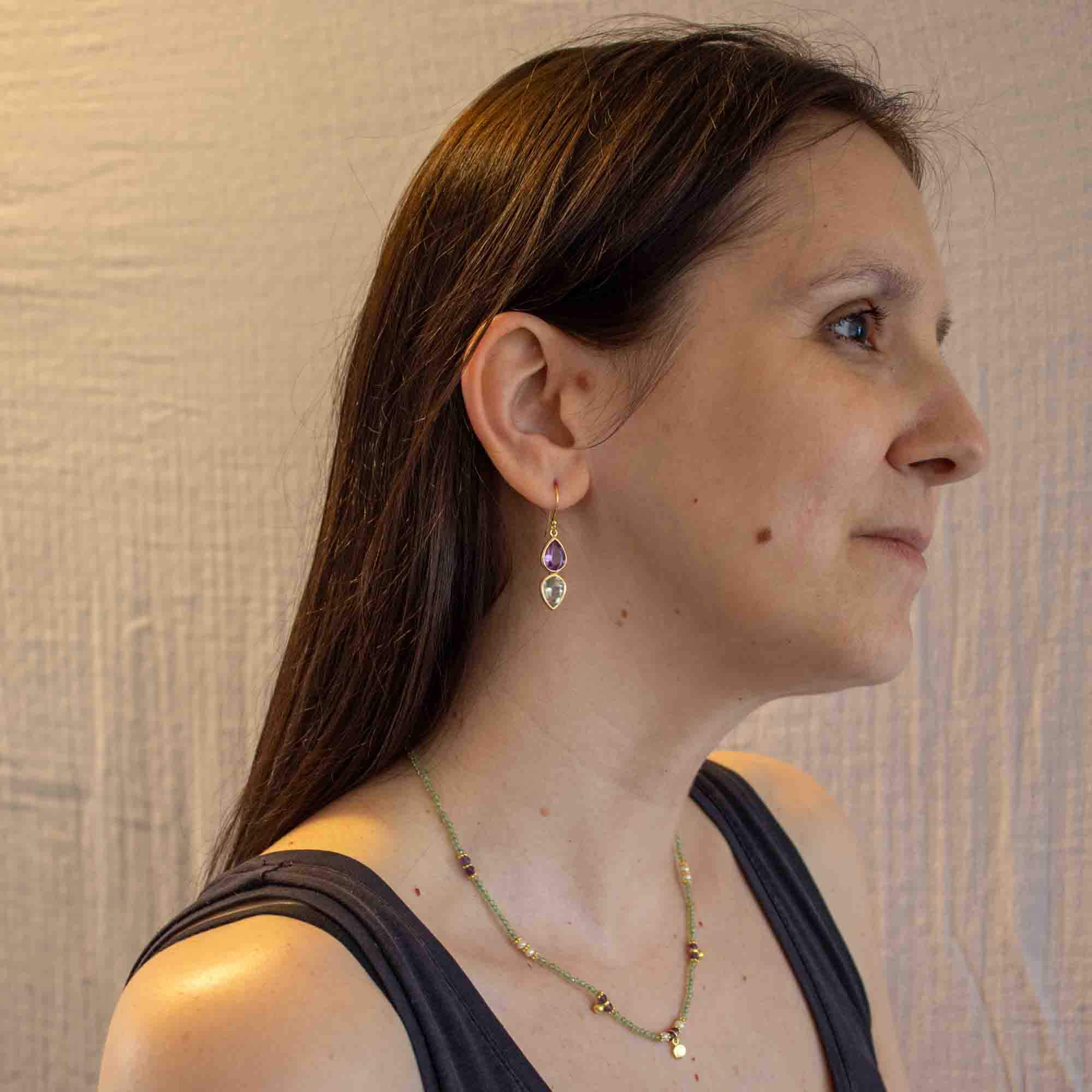 Amethyst and Green Amethyst Double Teardrop dangle earrings in 18k gold vermeil with a simple hook fitting
