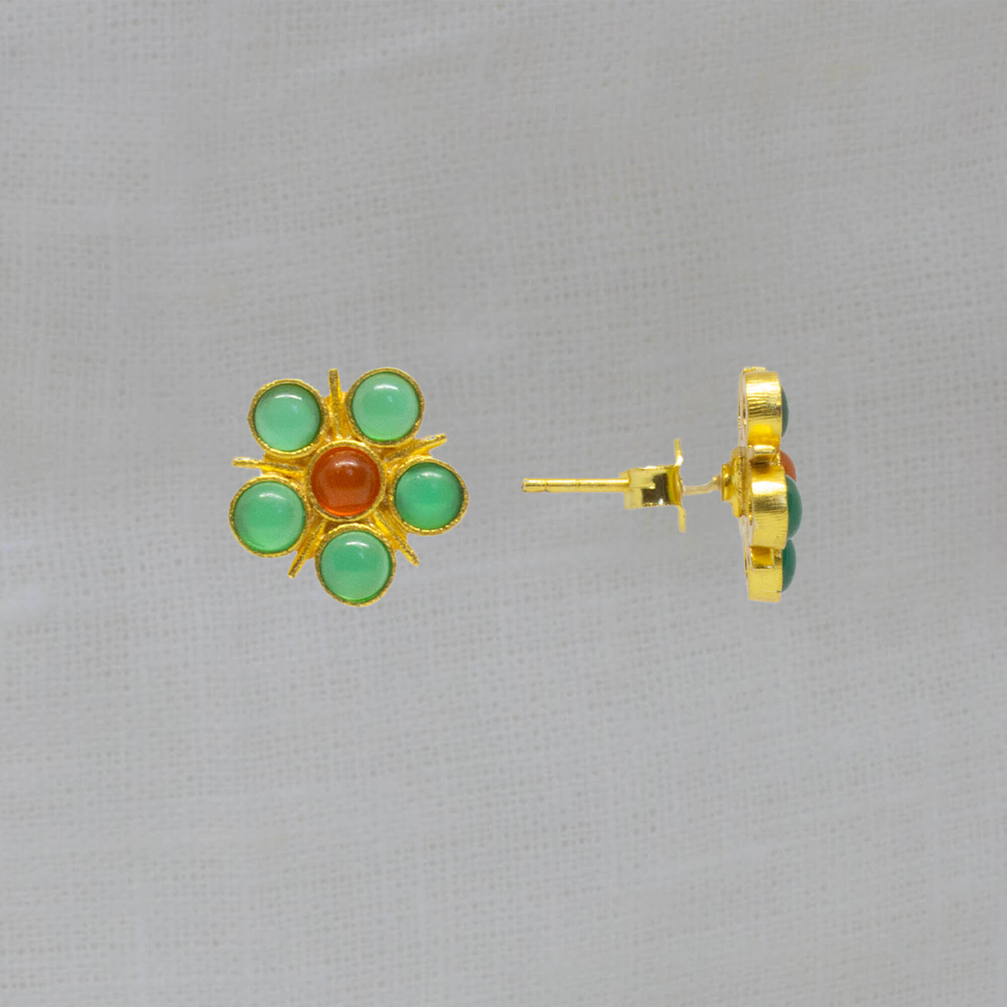 Green onyx and orange carnelian gemstone flower earrings in 18k gold vermeil - Beyond Biasa