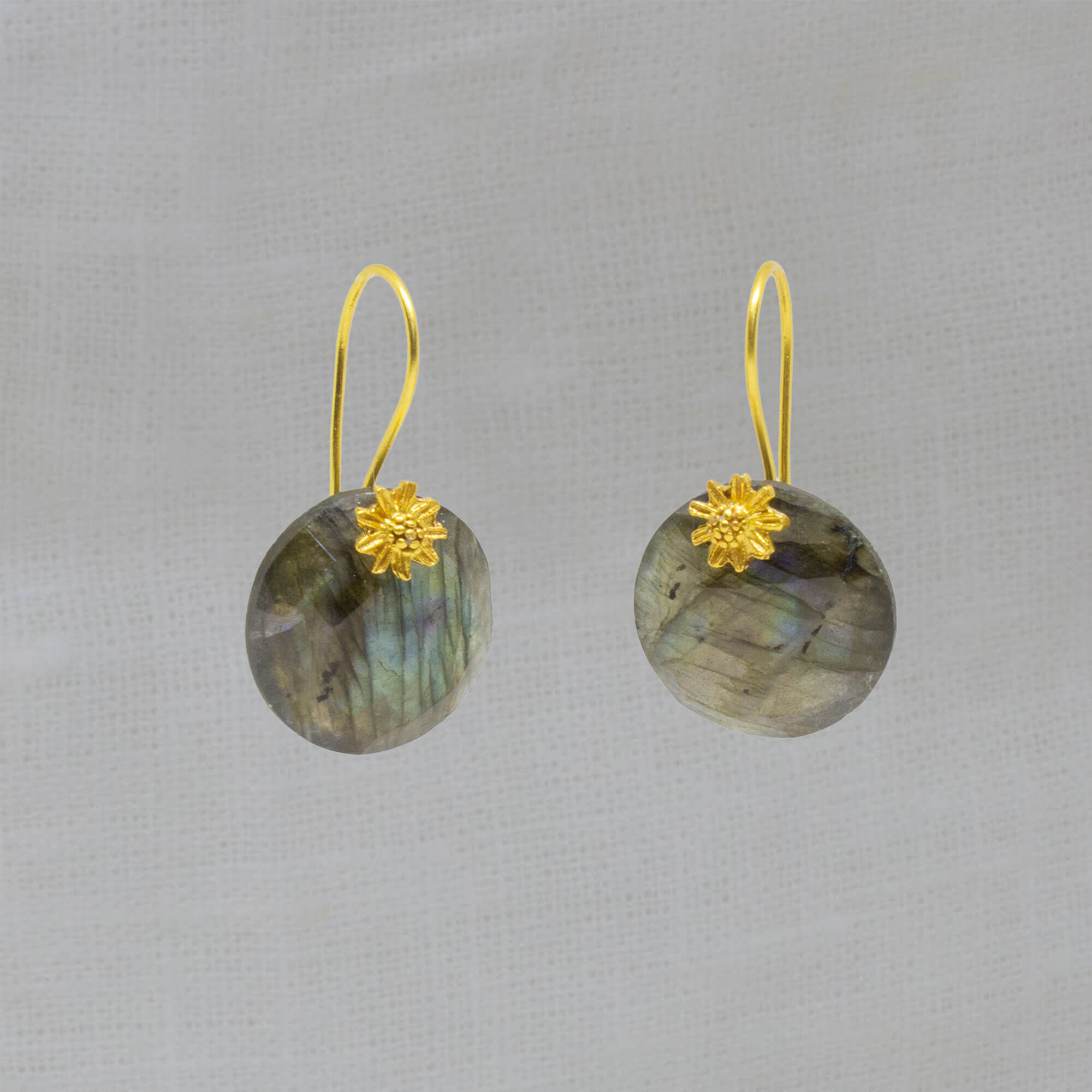 Round labradorite gemstone earrings with 18k gold vermeil flower detail and hook fittings - Beyond Biasa