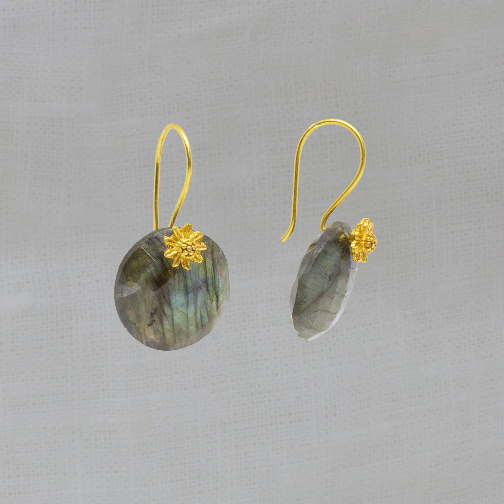 Round labradorite gemstone earrings with 18k gold vermeil flower detail and hook fittings - Beyond Biasa