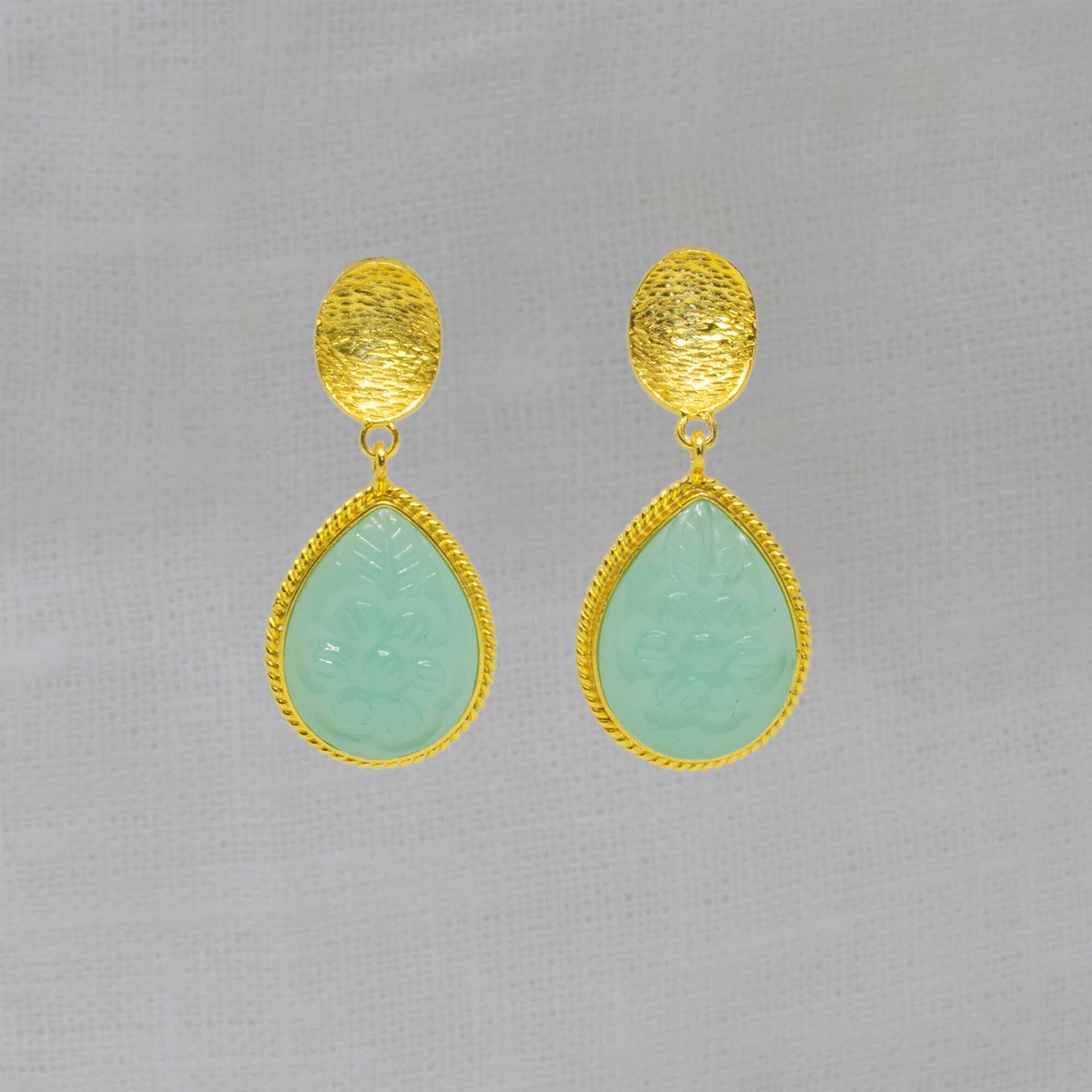 Carved Aqua Chalcedony and Textured Gold Vermeil Earrings - Beyond Biasa
