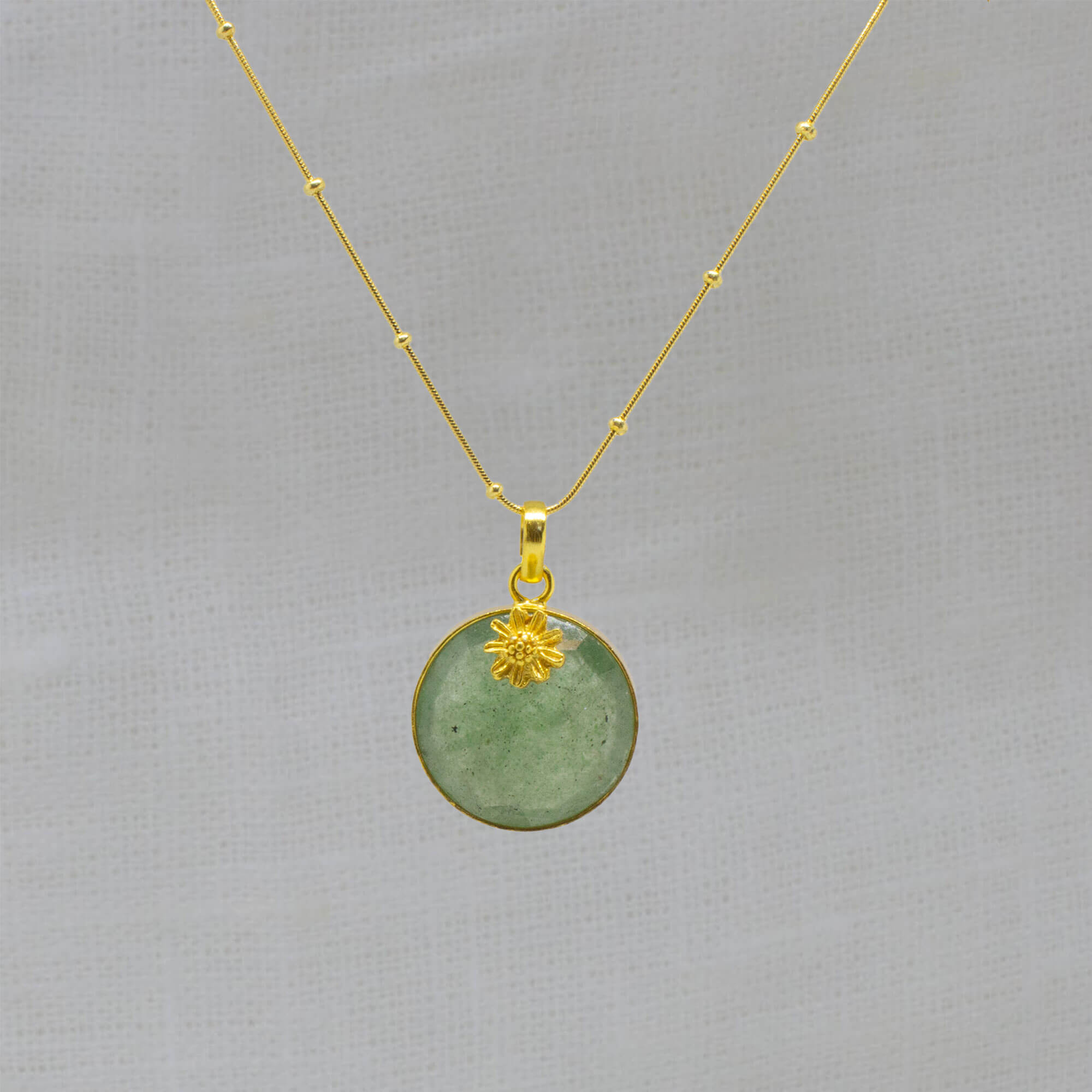 Green aventurine round faceted gemstone pendant necklace with 18k gold vermeil flower detail - Beyond Biasa