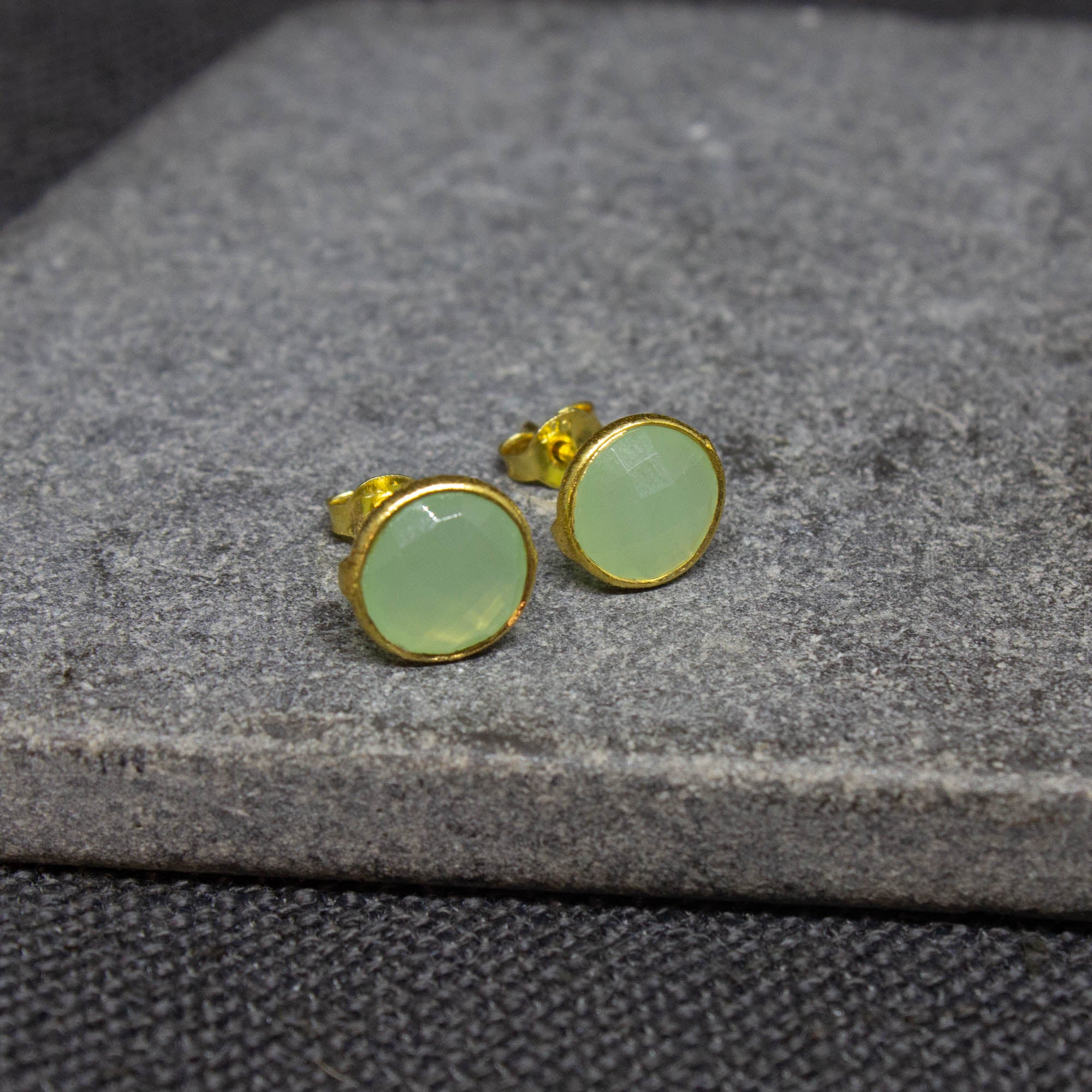 Simple gemstone everyday stud earrings, prehnite and gold vermeil - Beyond Biasa