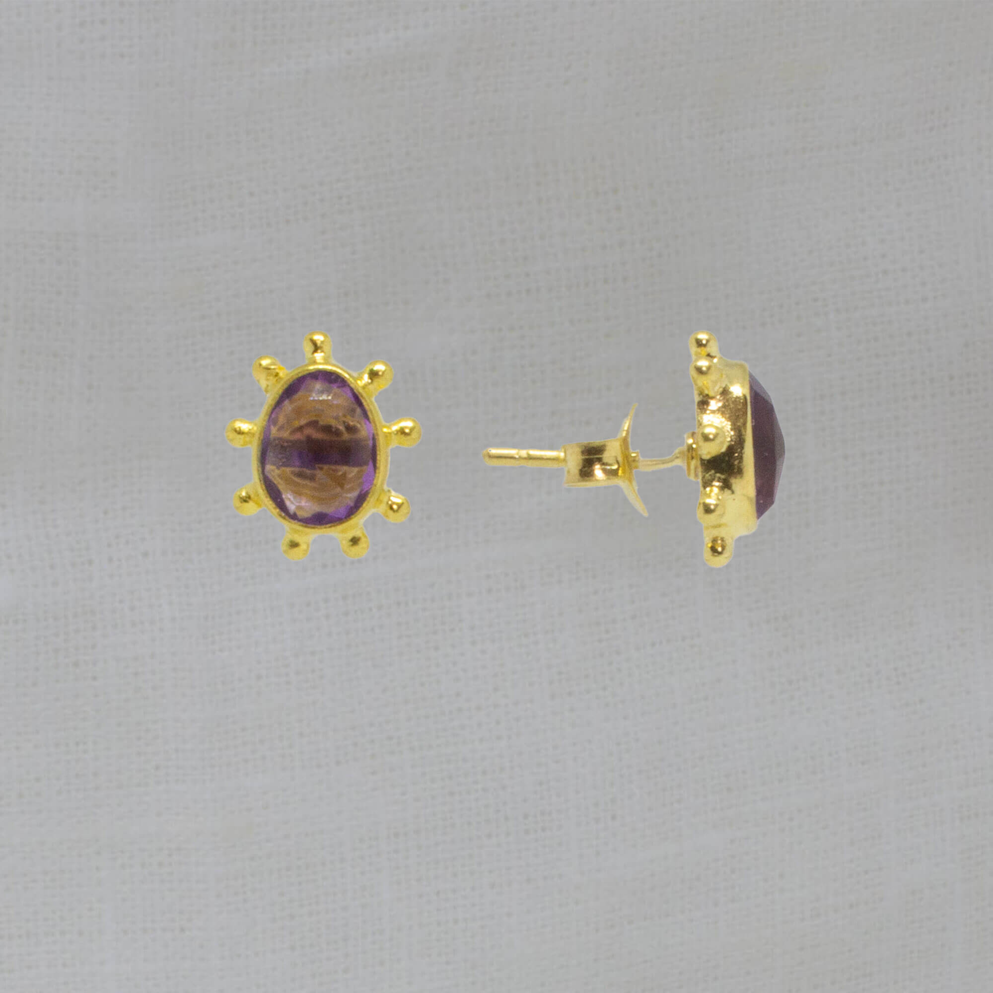 Amethyst gemstone irregular organic stud earrings in an 18k gold vermeil dot work setting - Beyond Biasa