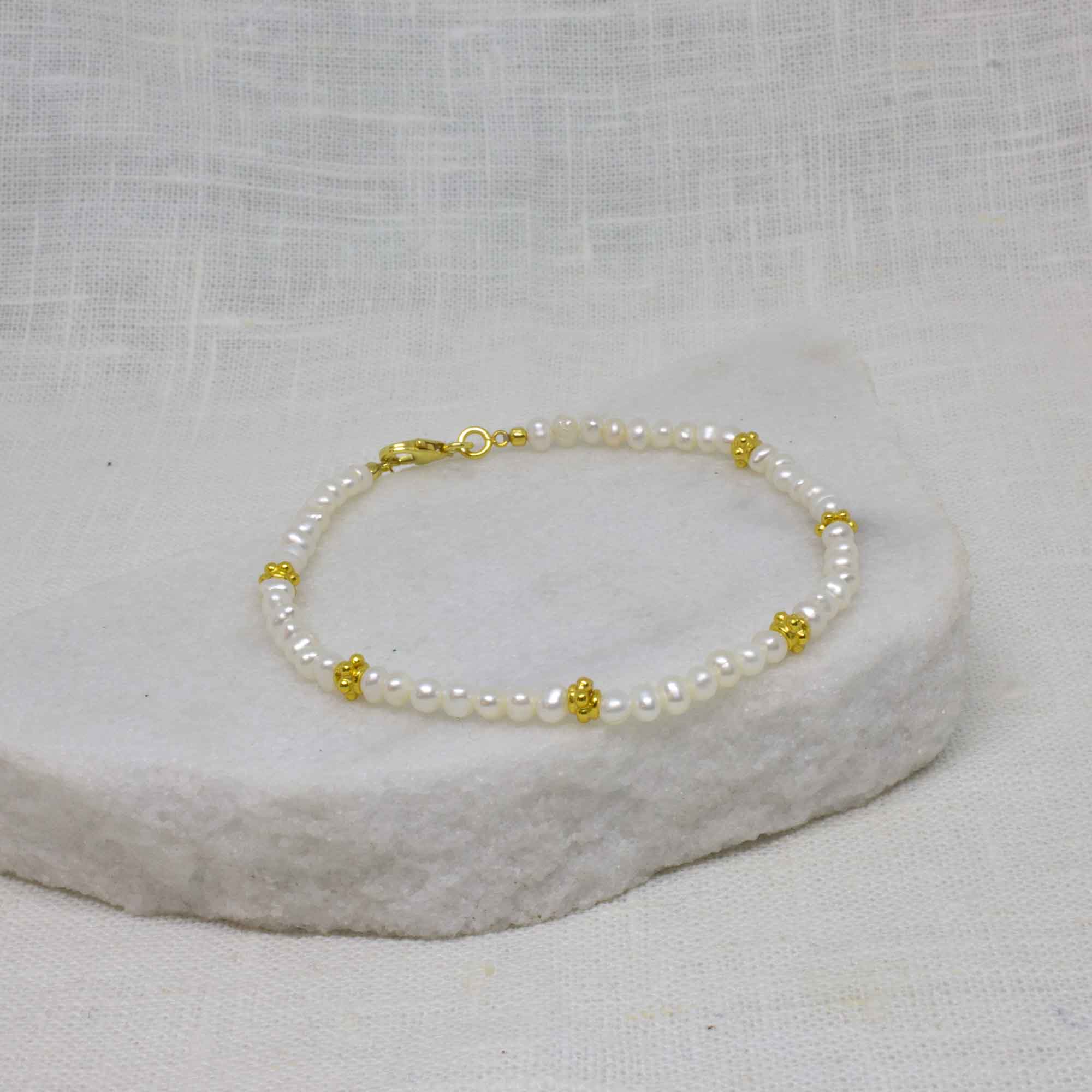 White freshwater pearl beaded bracelet with 18k gold vermeil beads - June Birthstone Jewellery | Beyond Biasa