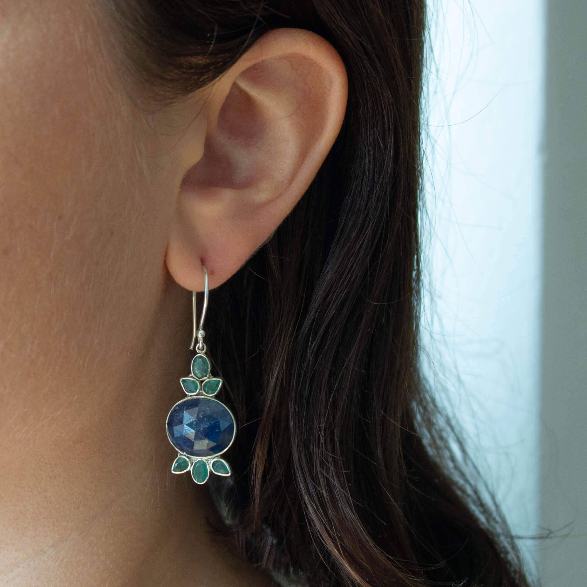 Blue Sapphire and Green Emerald Pomegranate Earrings in Sterling Silver - Beyond Biasa