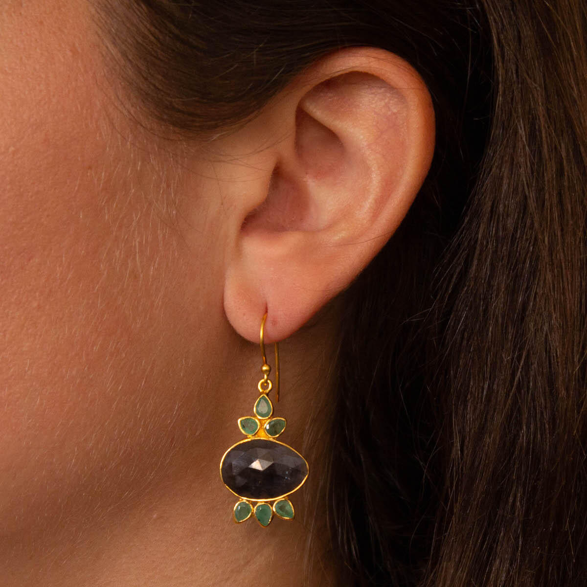 Blue Sapphire and Green Emerald Pomegranate Earrings in 18k Gold Vermeil - Beyond Biasa