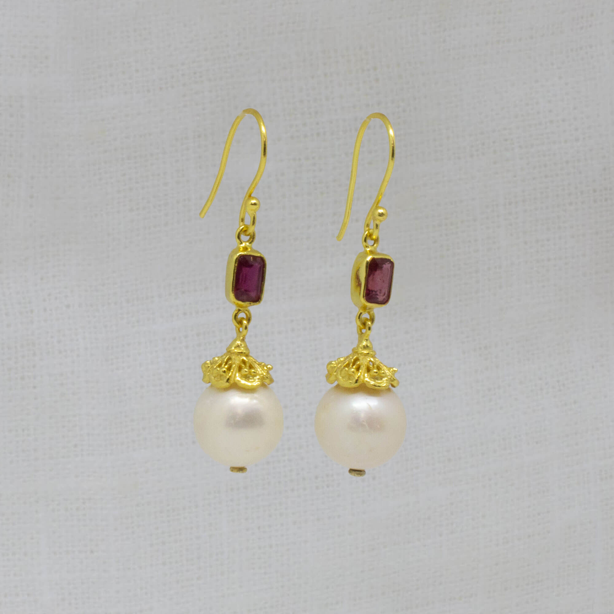 Vintage style intricate gold, pearl and ruby dangle earrings - Beyond Biasa
