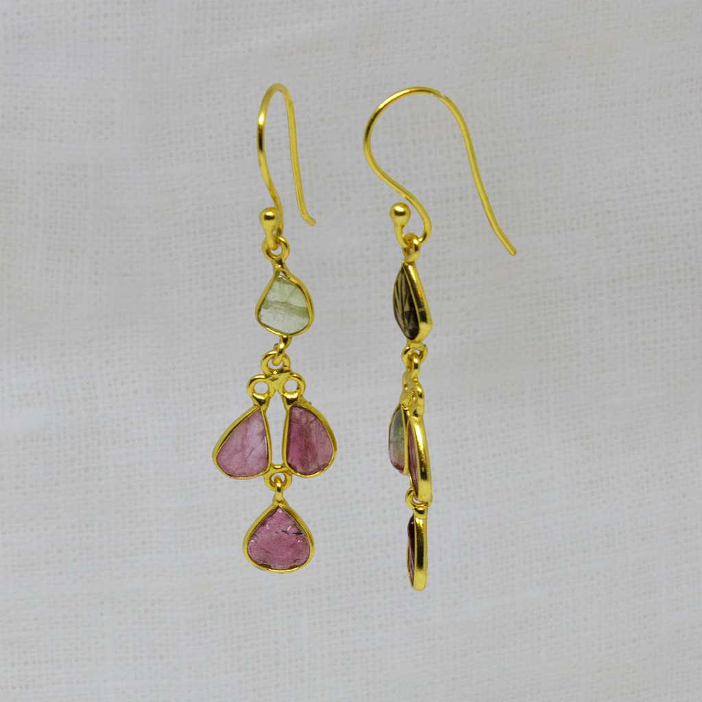 Drop earrings featuring 4 small leaf shaped carved tourmaline gemstones in a simple 18k gold vermeil setting, with a hook fitting