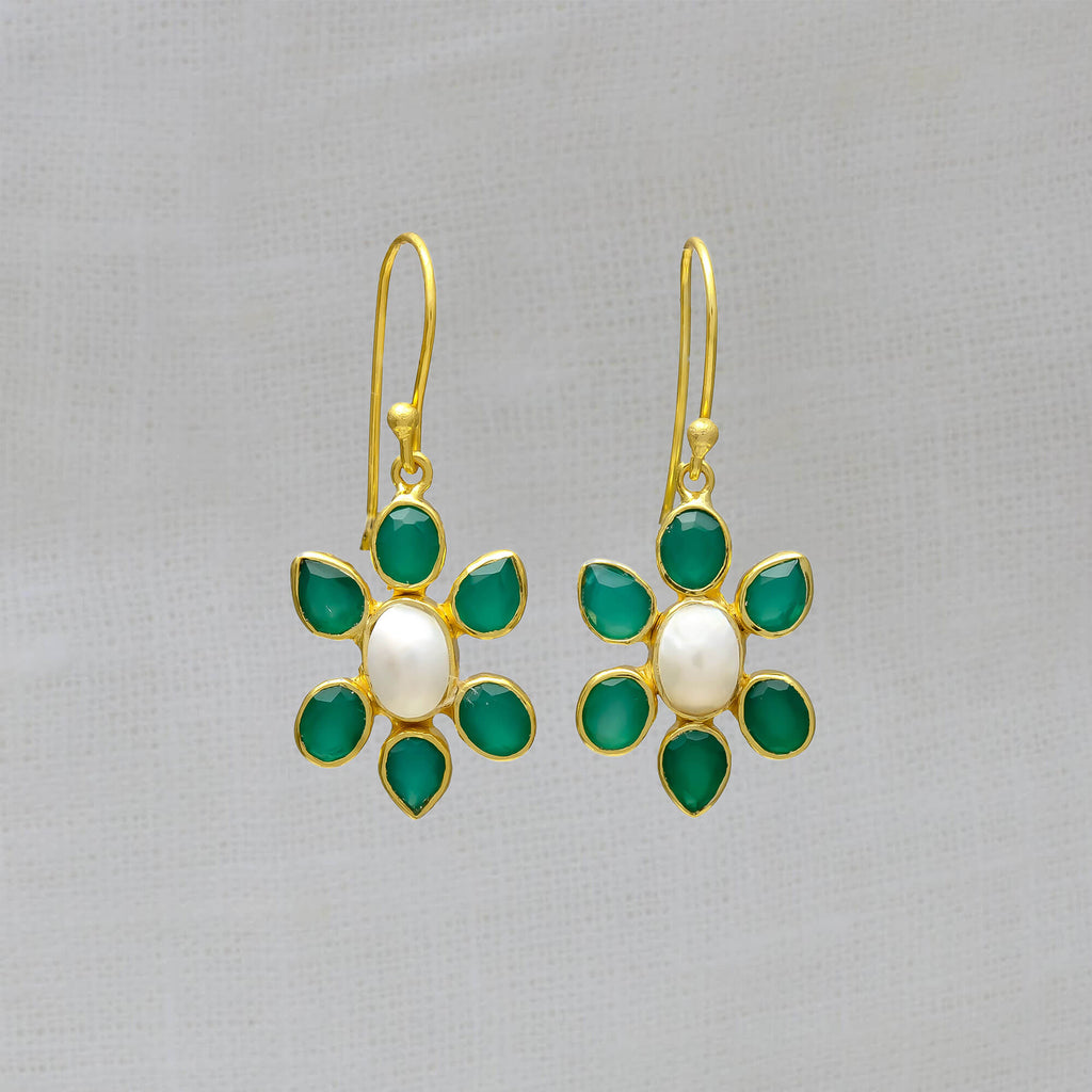 18k gold vermeil flower shaped drop earrings feature a natural freshwater pearl surrounded by 6 green onyx and with a simple hoop fitting