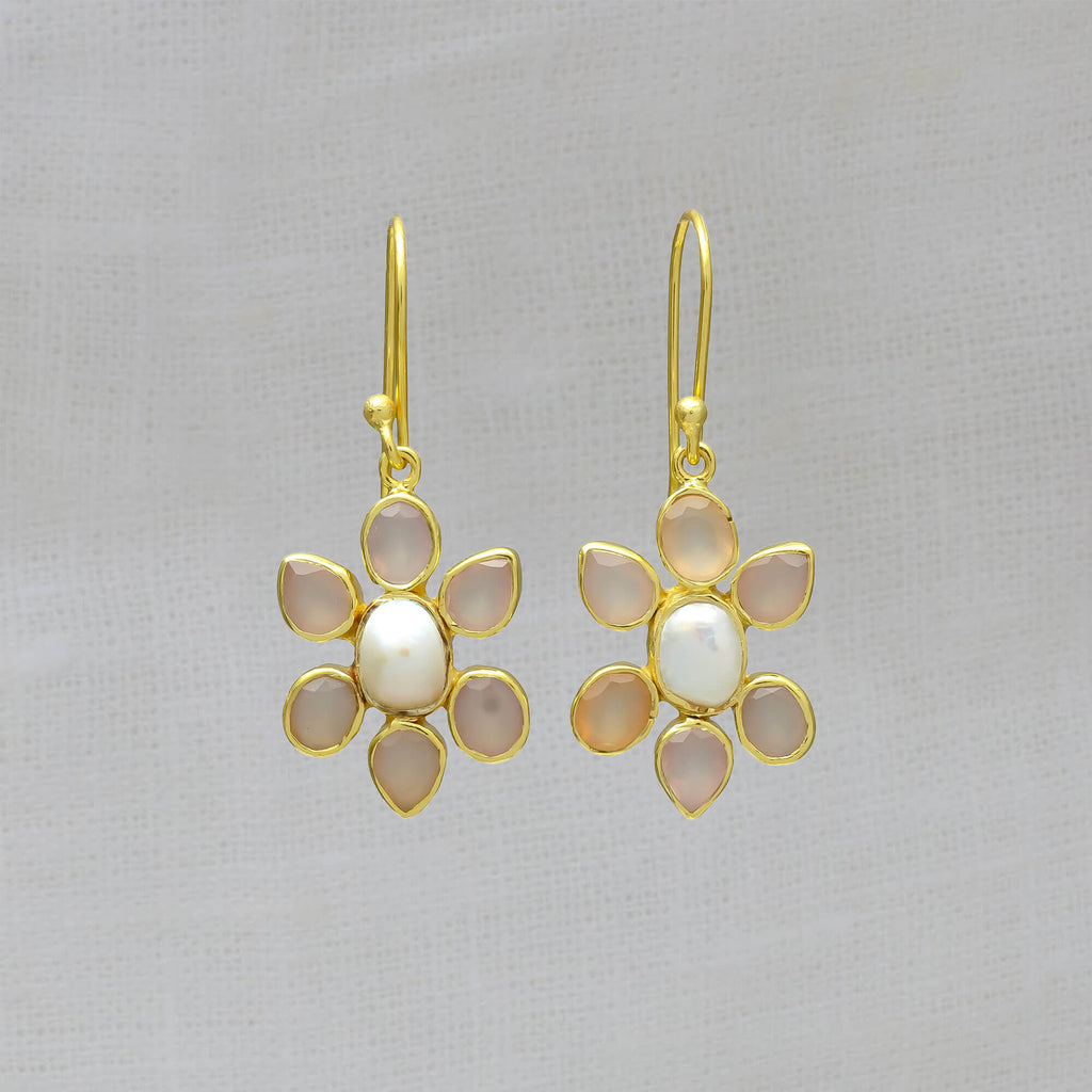 Pink chalcedony gemstone and freshwater pearl flower drop earrings in gold vermeil  - Beyond Biasa 