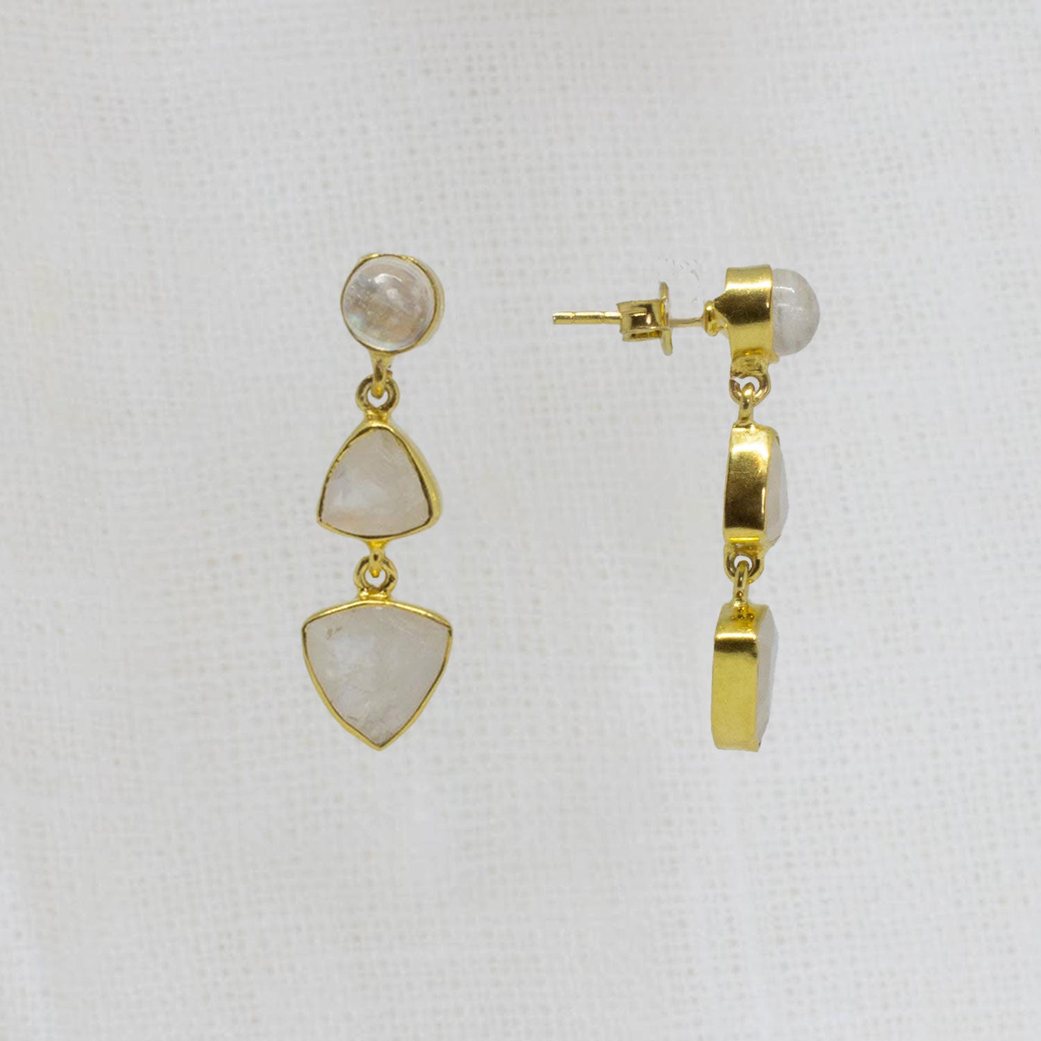 Rainbow moonstone gemstone and gold vermeil dangle earrings - Beyond Biasa