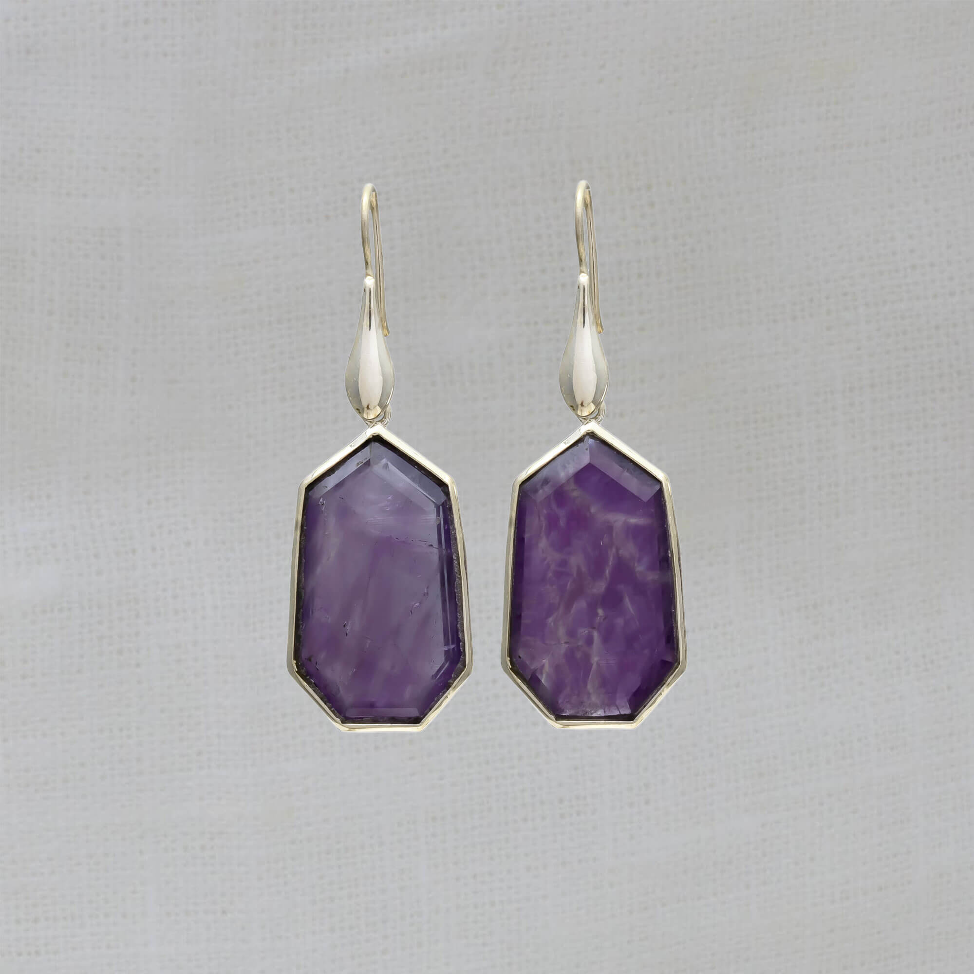 Large amethyst geometric gemstone hook earrings in sterling silver