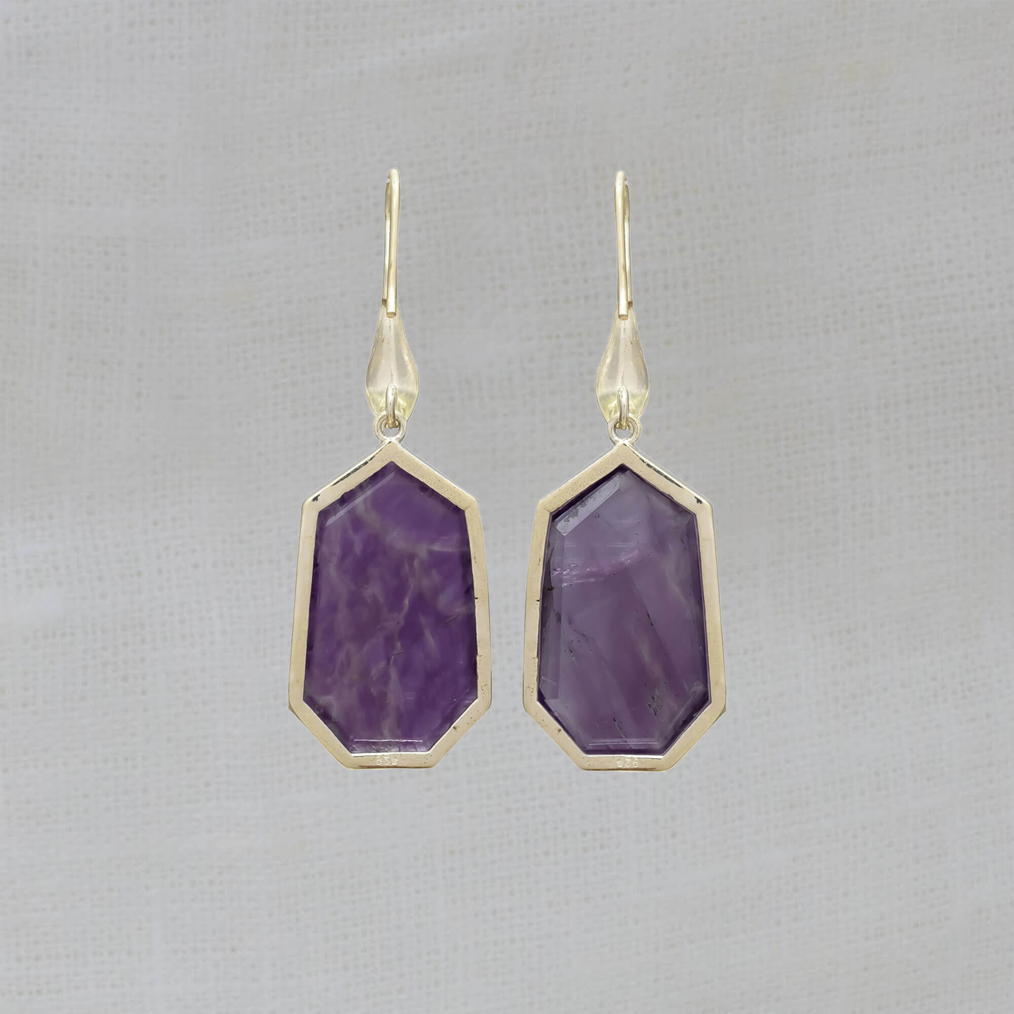 Large amethyst geometric gemstone hook earrings in sterling silver