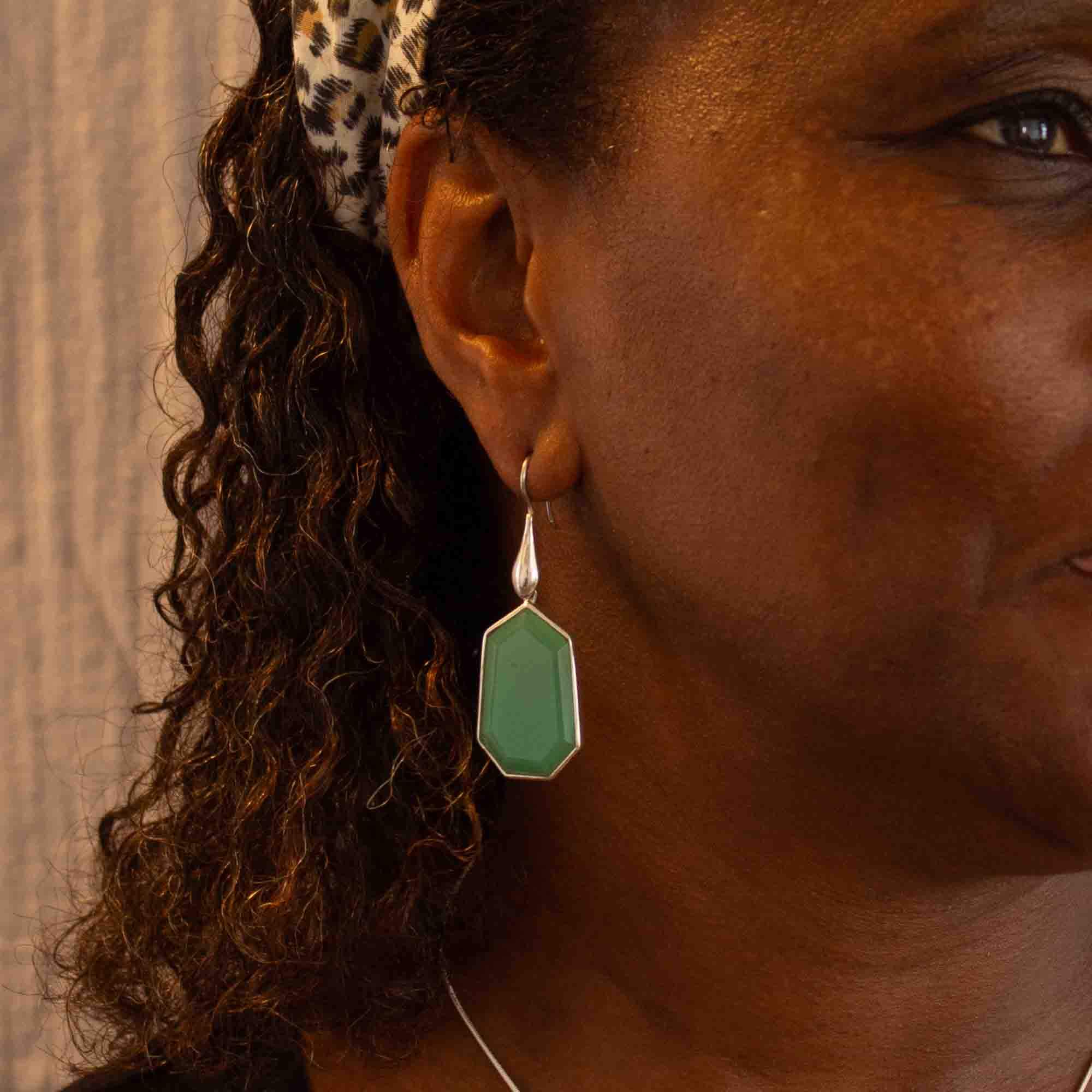 Large chrysoprase gemstone earrings in sterling silver with a hook fitting