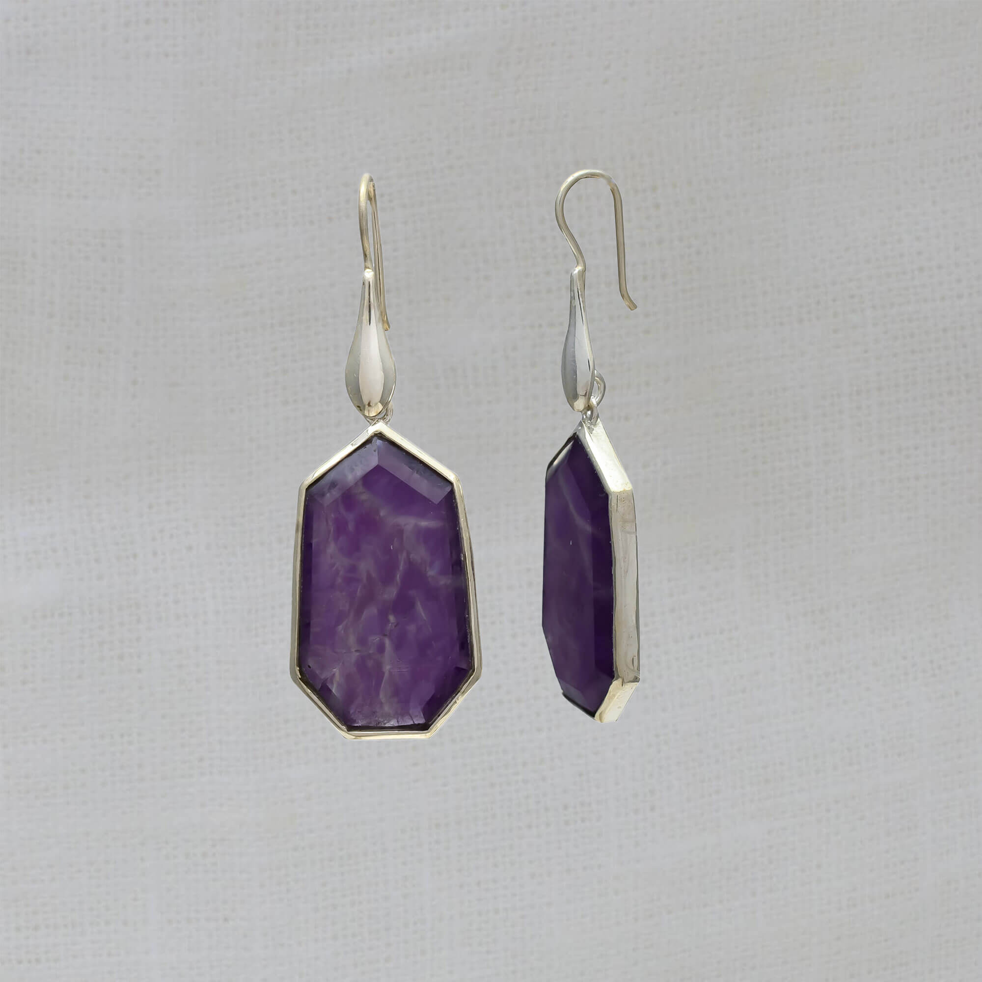 Large amethyst geometric gemstone hook earrings in sterling silver