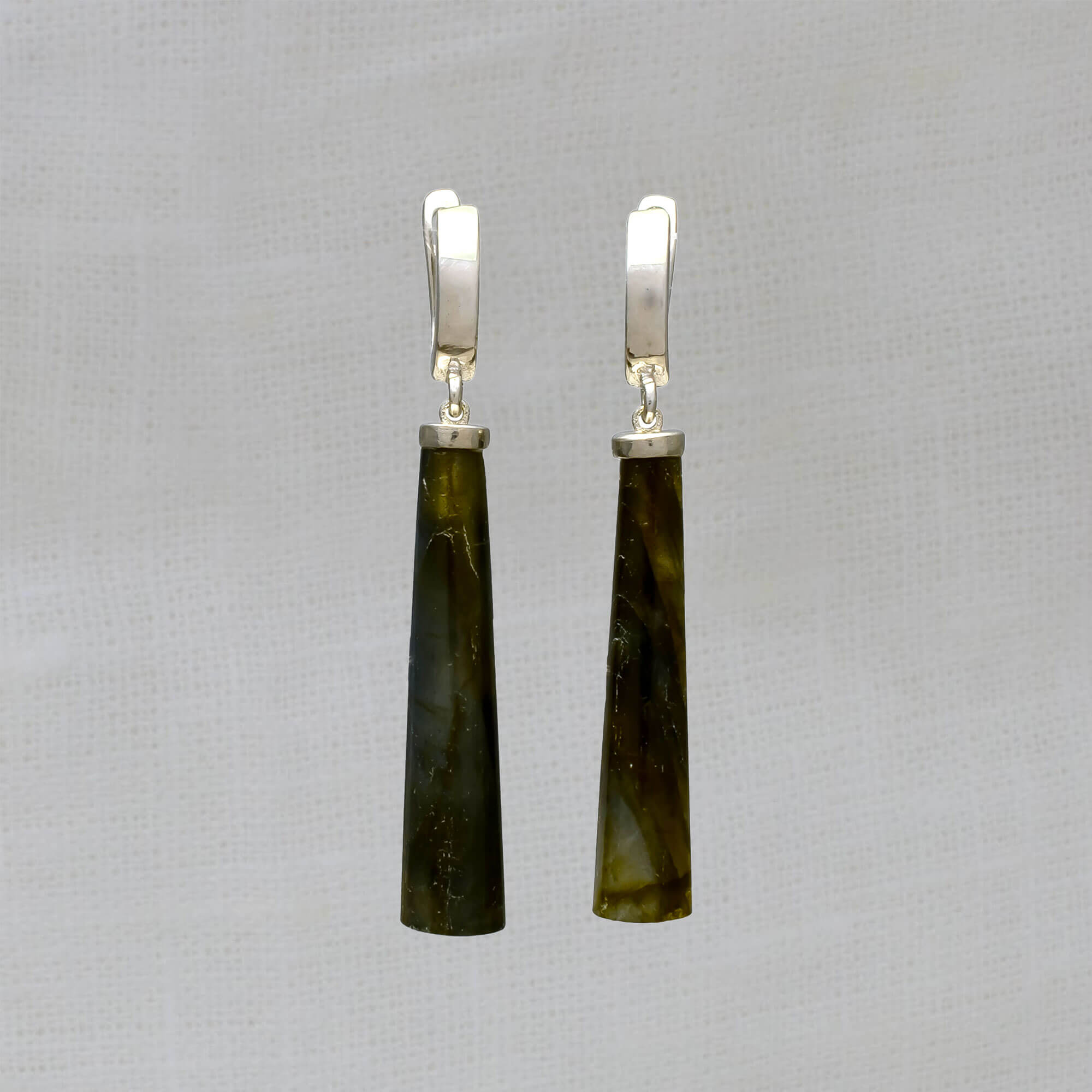 Long polished cabochon labradorite gemstone earrings with sterling silver french hook omega clasp - Beyond Biasa