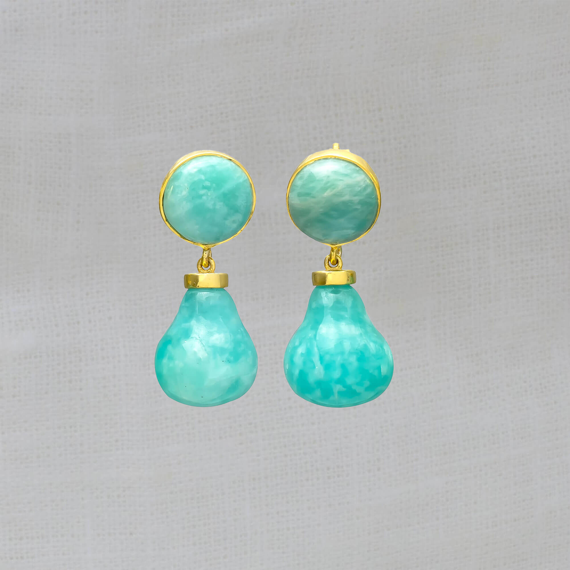 Amazonite and gold vermeil gemstone earrings, with a round stud fitting and drop below