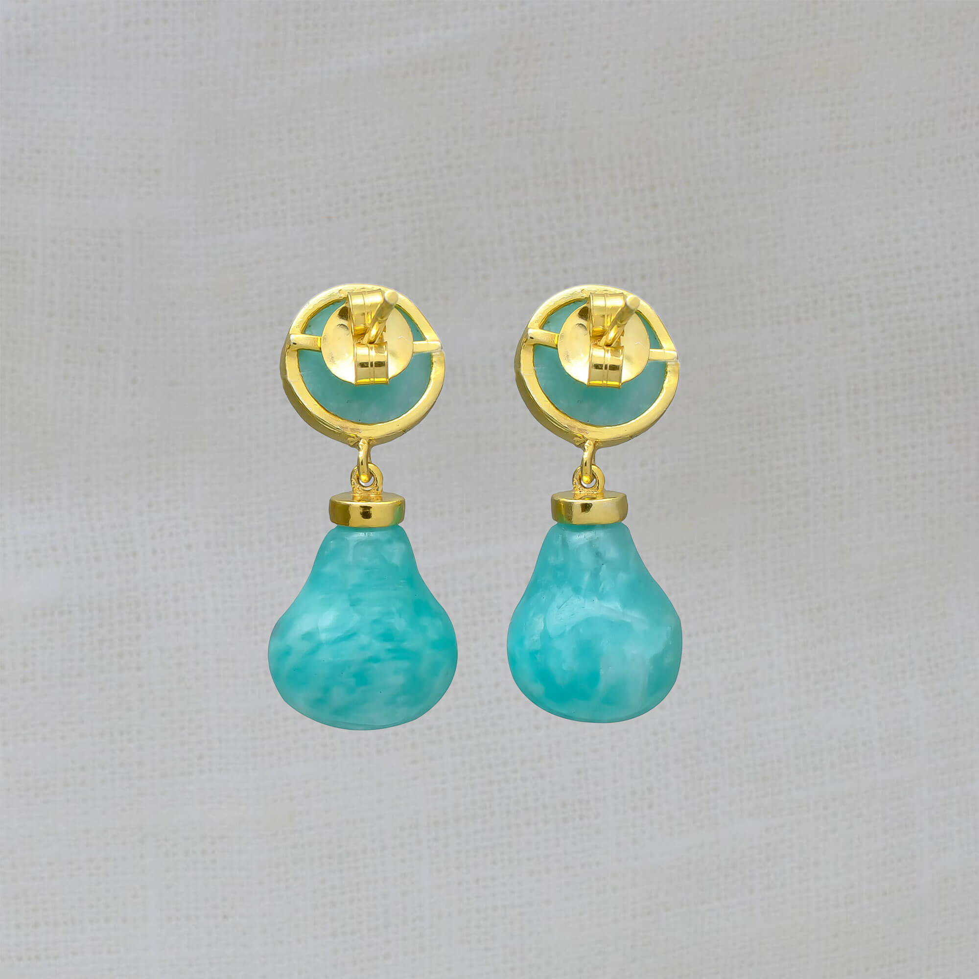 Amazonite and gold vermeil gemstone earrings, with a round stud fitting and drop below