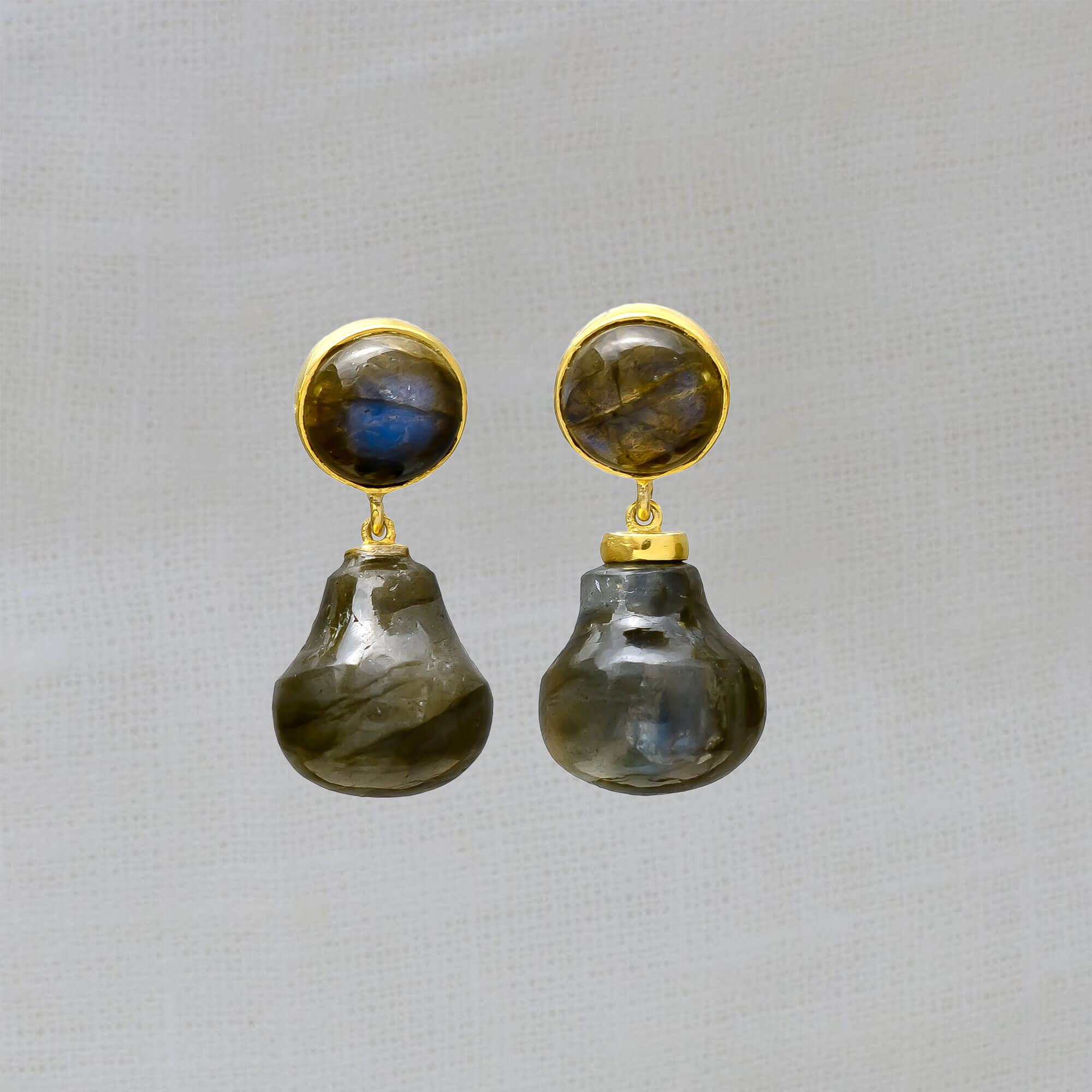 Labradorite round stud earrings with hand cut labradorite stone drop in 18k gold vermeil - Beyond Biasa