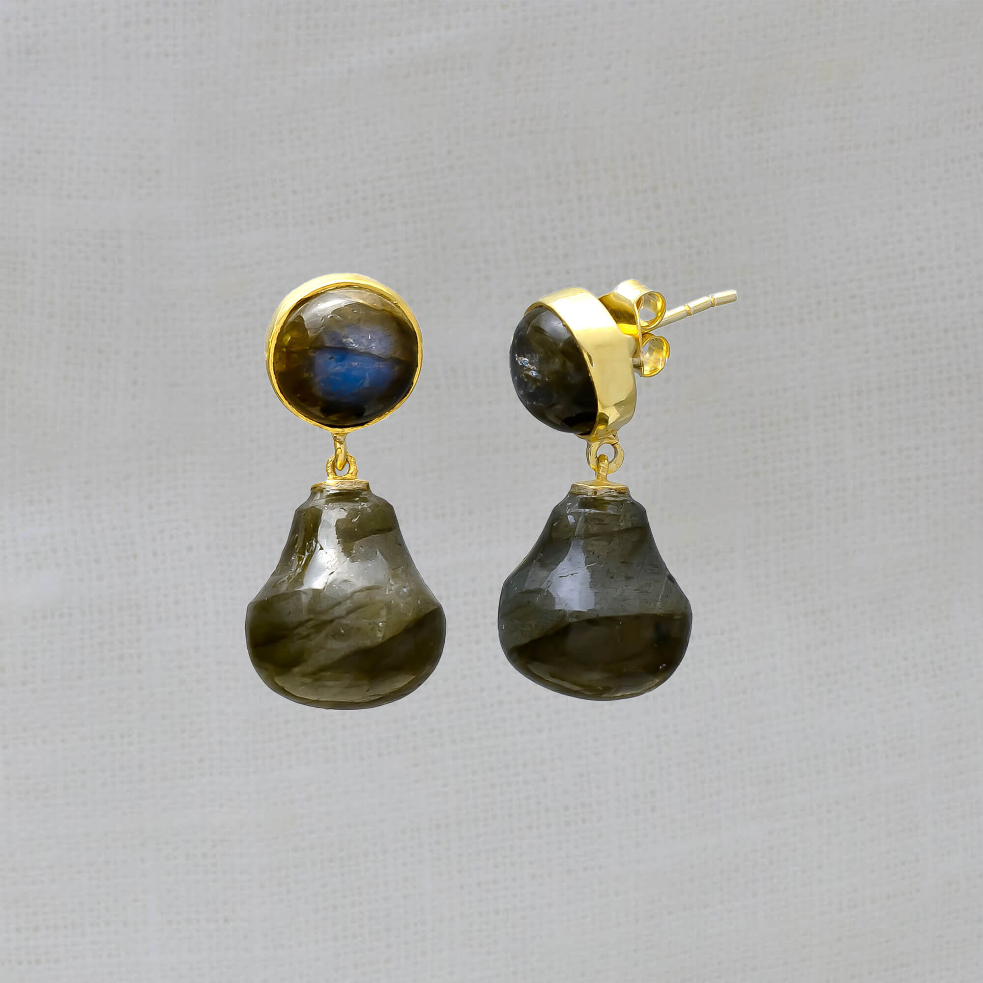 Labradorite round stud earrings with hand cut labradorite stone drop in 18k gold vermeil - Beyond Biasa