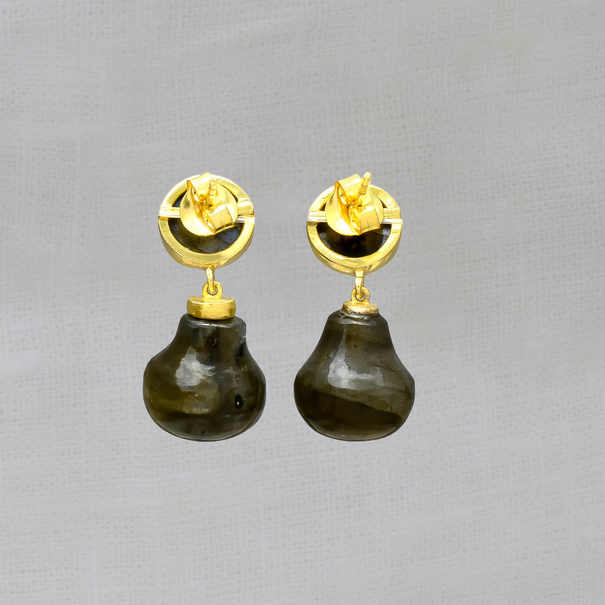 Labradorite round stud earrings with hand cut labradorite stone drop in 18k gold vermeil - Beyond Biasa