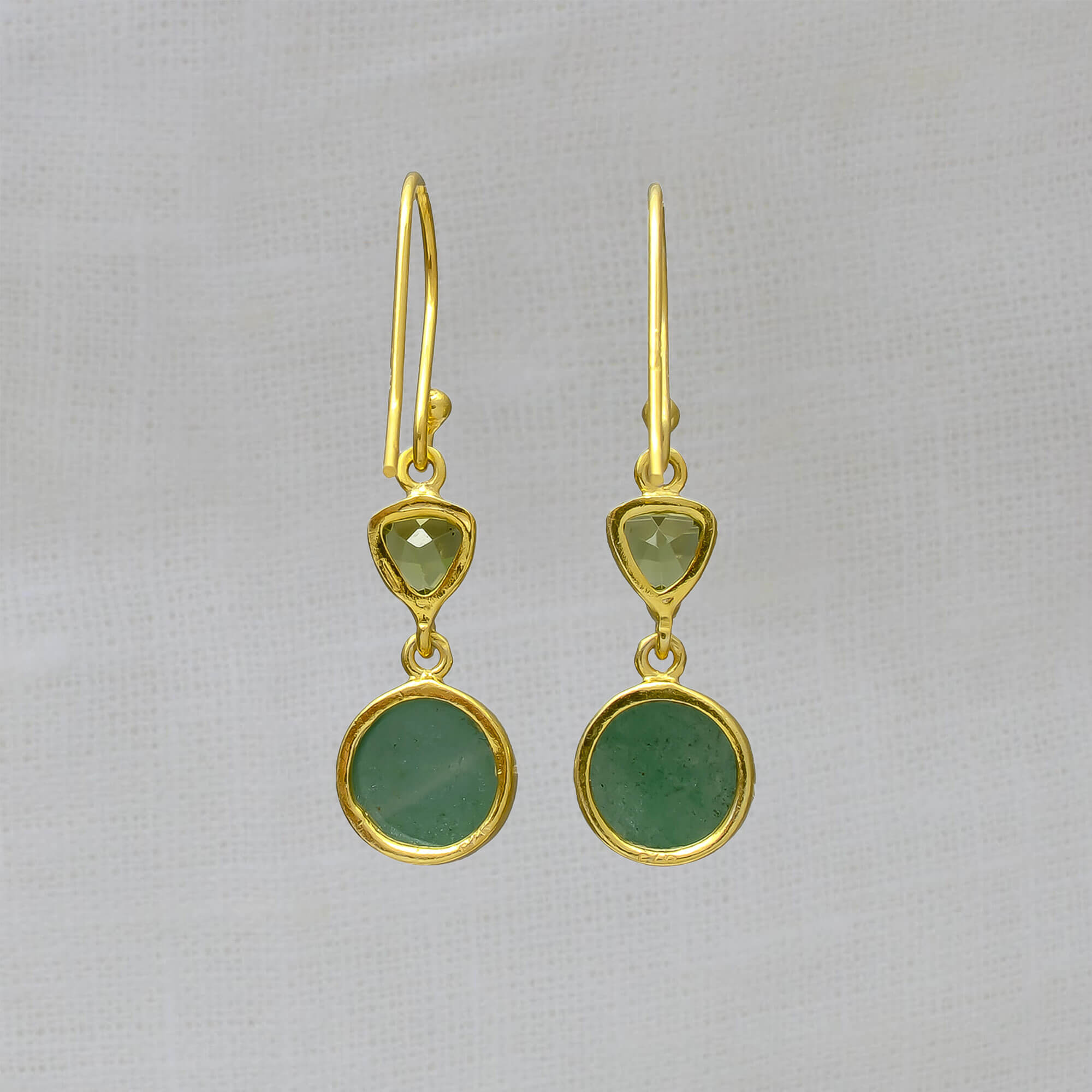 Aventurine and peridot gemstone drop earrings in gold vermeil with hook fittings