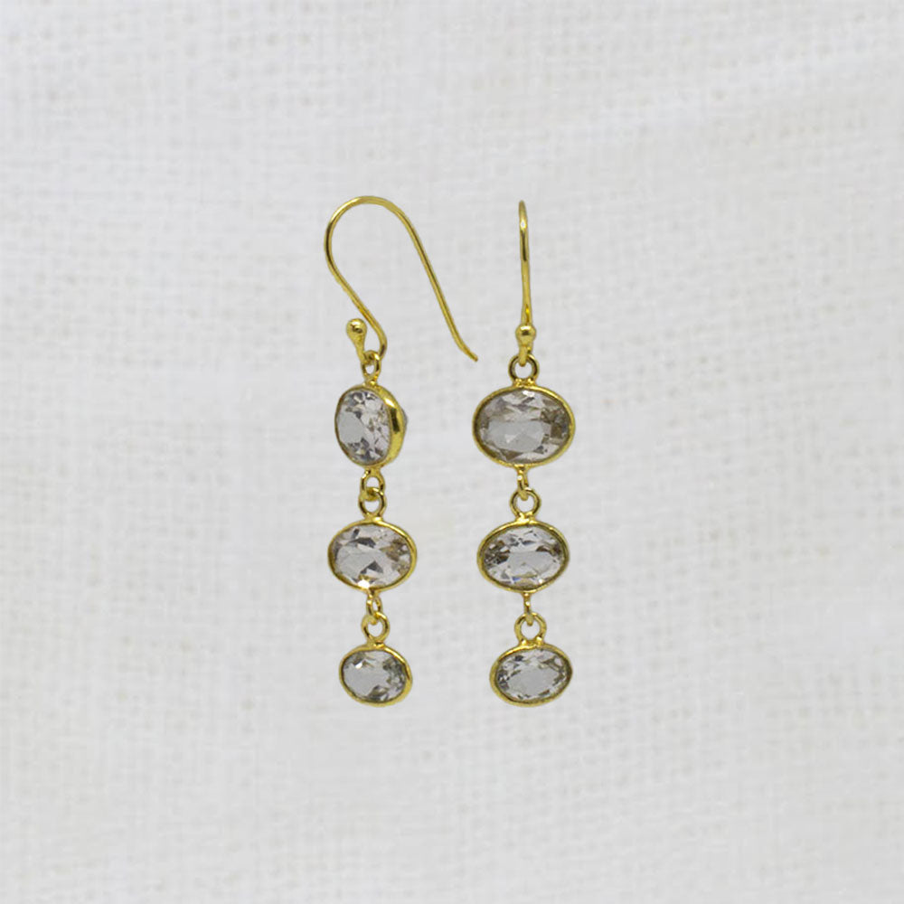 Gold earrings with clear white topaz gemstones on a white background