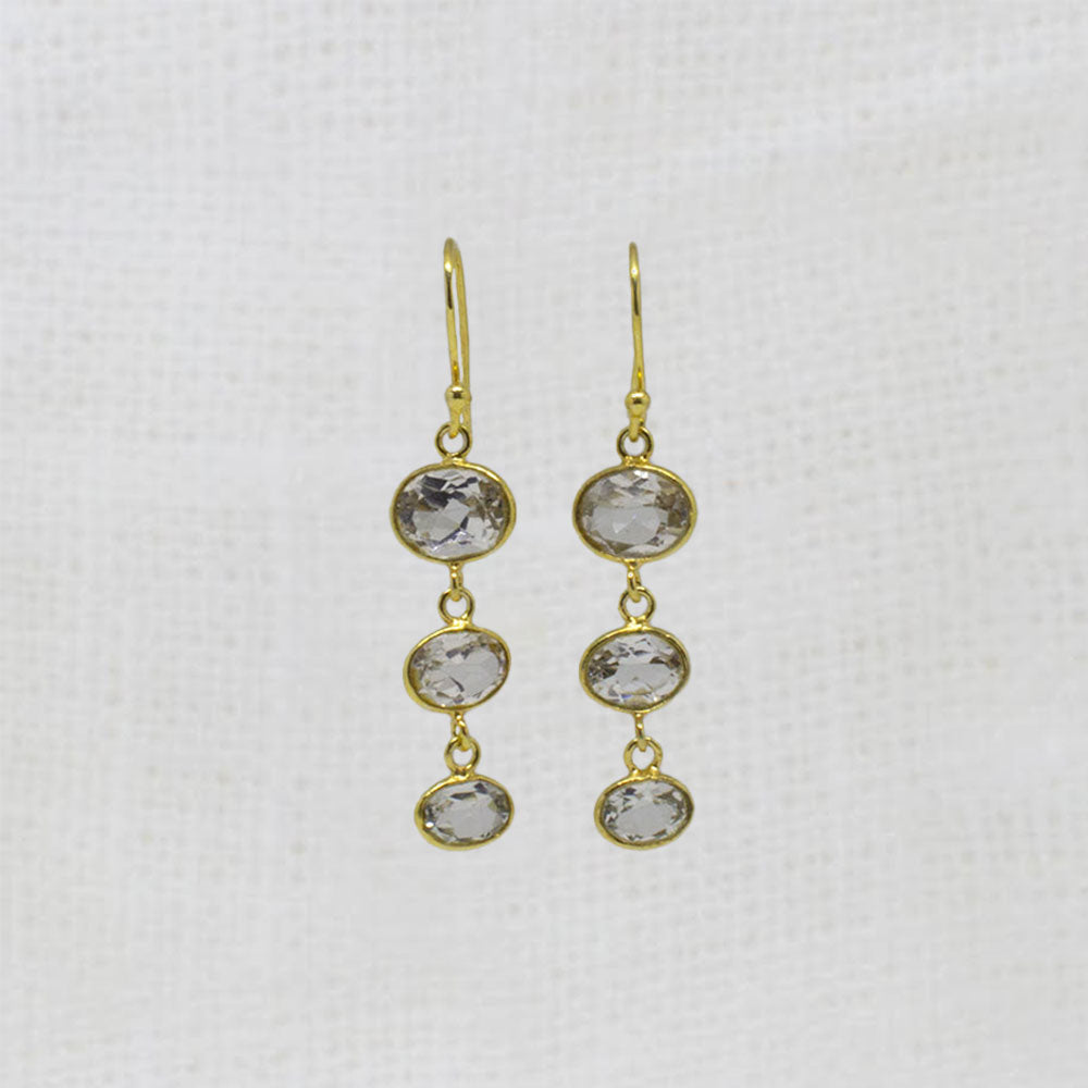 Gold earrings with clear white topaz gemstones on a white background