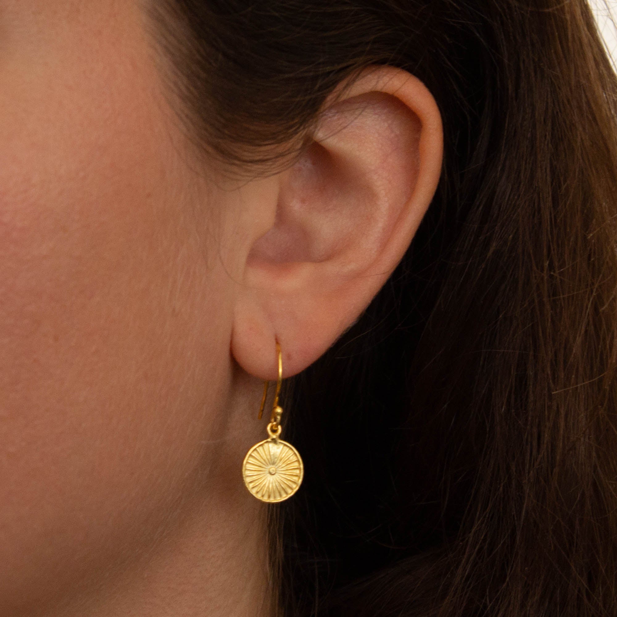 Gold Round Disc Drop Earrings with Sun Ray Textured Pattern Design