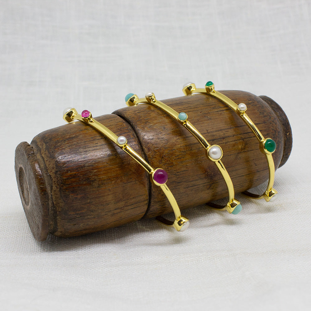Gold vermeil cuff bangle with round amazonite gemstones and freshwater pearls - Beyond Biasa