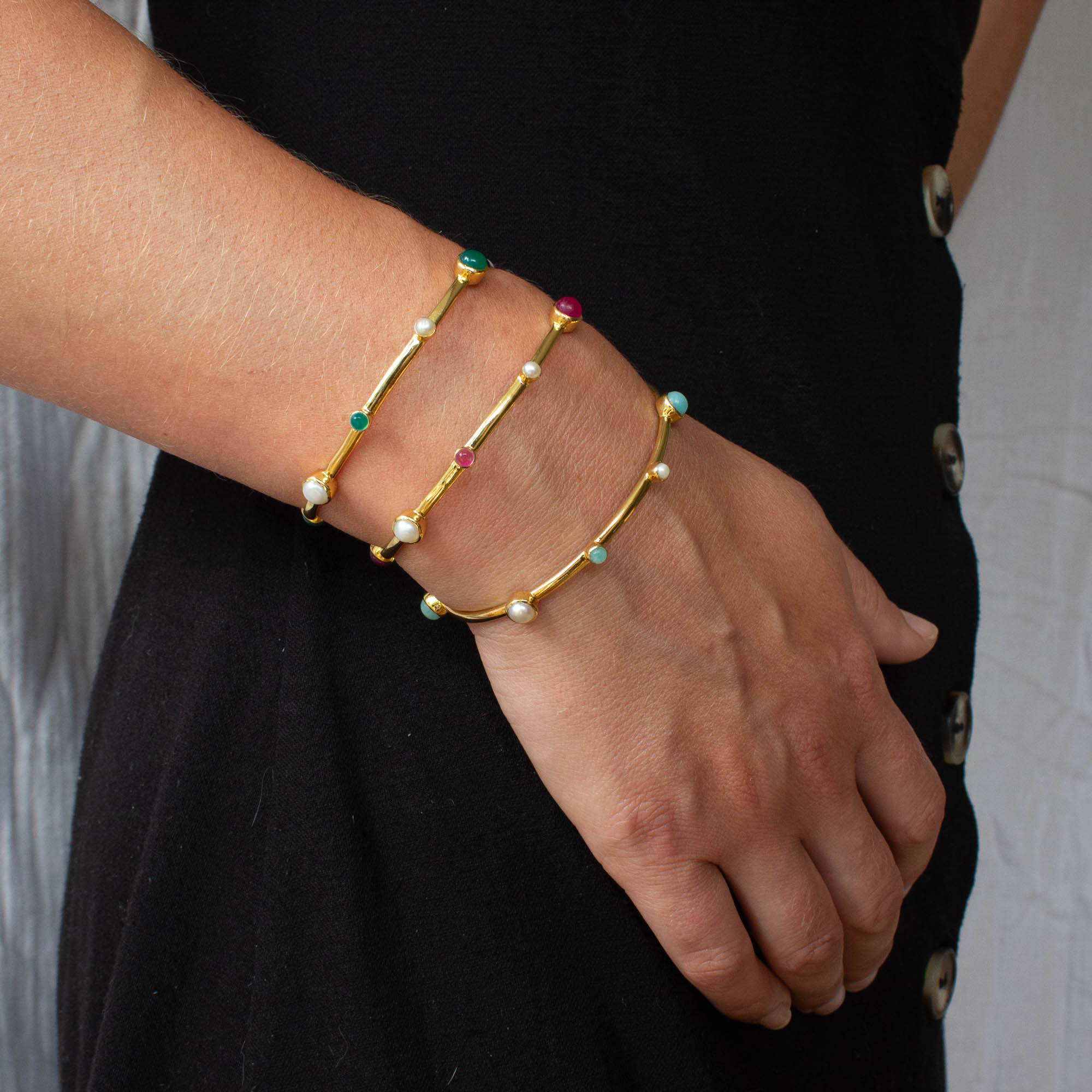 Gold vermeil cuff bangle with round pink jade gemstones and freshwater pearls - Beyond Biasa