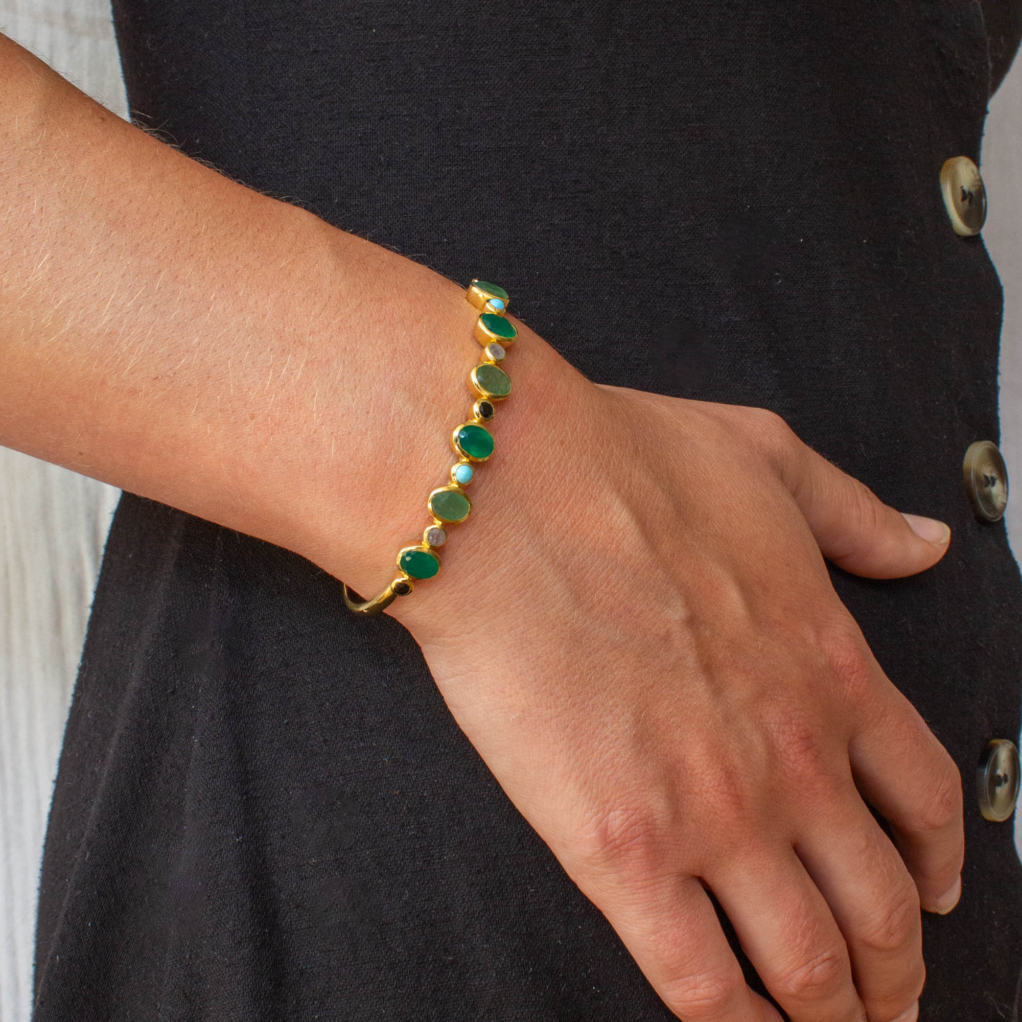 Gold Vermeil cuff bangle with oval green onyx and aventurine gemstones and turquoise, labradorite and black onyx round gemstones - Beyond Biasa