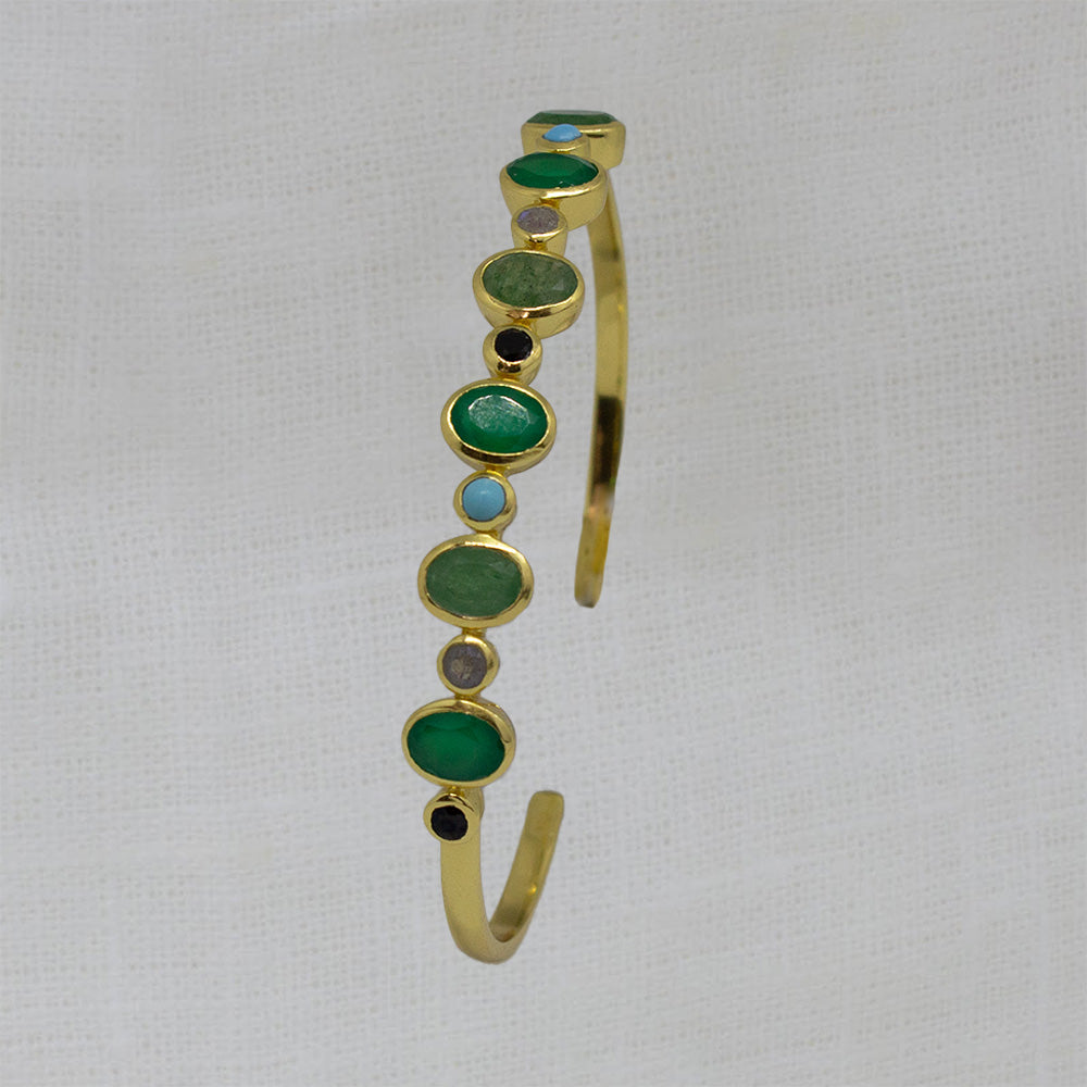 Gold Vermeil cuff bangle with oval green onyx and aventurine gemstones and turquoise, labradorite and black onyx round gemstones - Beyond Biasa
