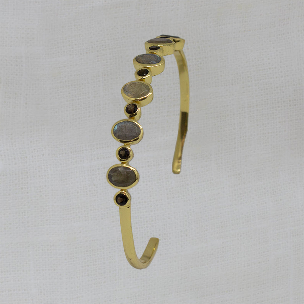 Gold Vermeil cuff bangle bracelet with oval labradorite and round smokey quartz gemstones - Beyond Biasa