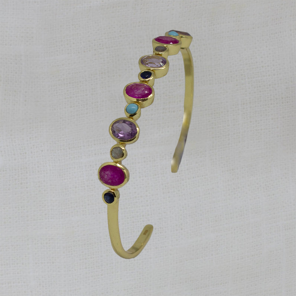 Gold vermeil gemstone cuff bangle bracelet with oval amethyst and pink jade gemstones and round turquoise, labradorite and iolite gemstones - Beyond Biasa