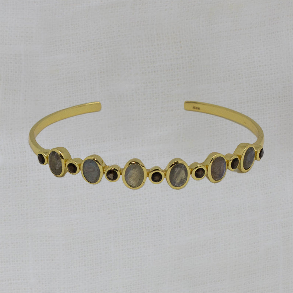 Gold Vermeil cuff bangle bracelet with oval labradorite and round smokey quartz gemstones - Beyond Biasa