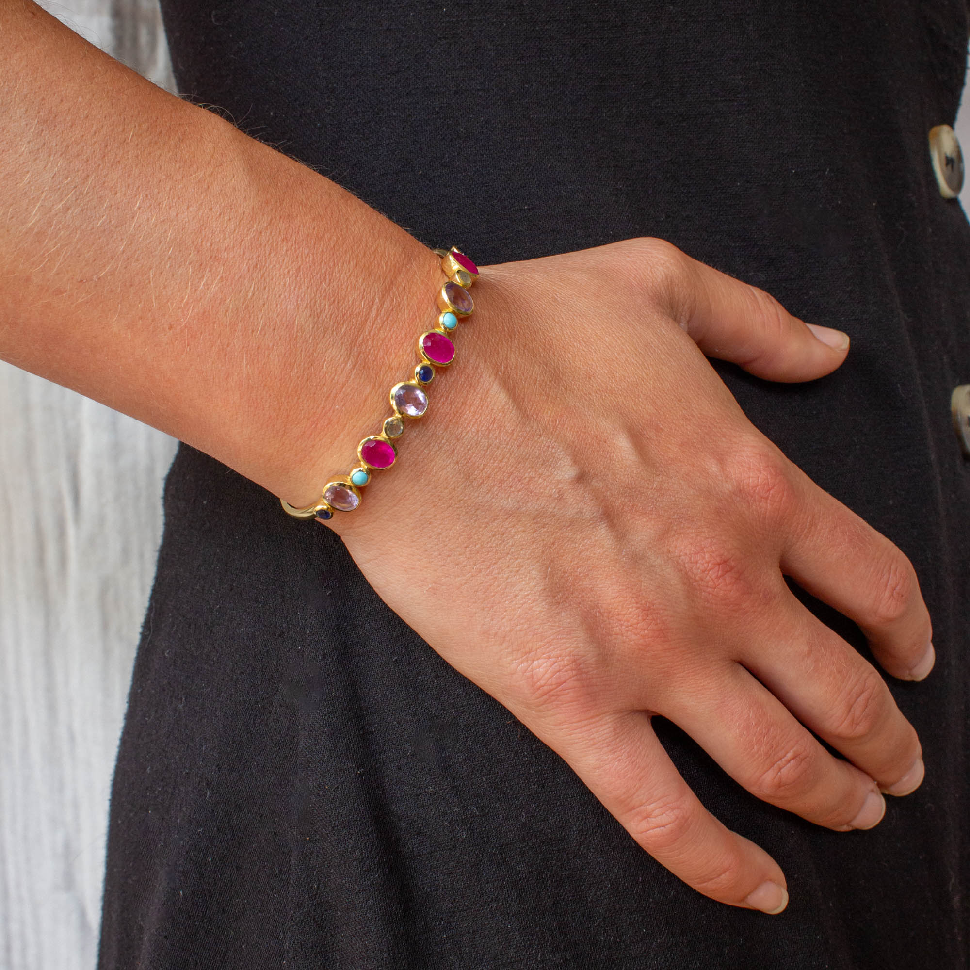 Gold vermeil gemstone cuff bangle bracelet with oval amethyst and pink jade gemstones and round turquoise, labradorite and iolite gemstones - Beyond Biasa