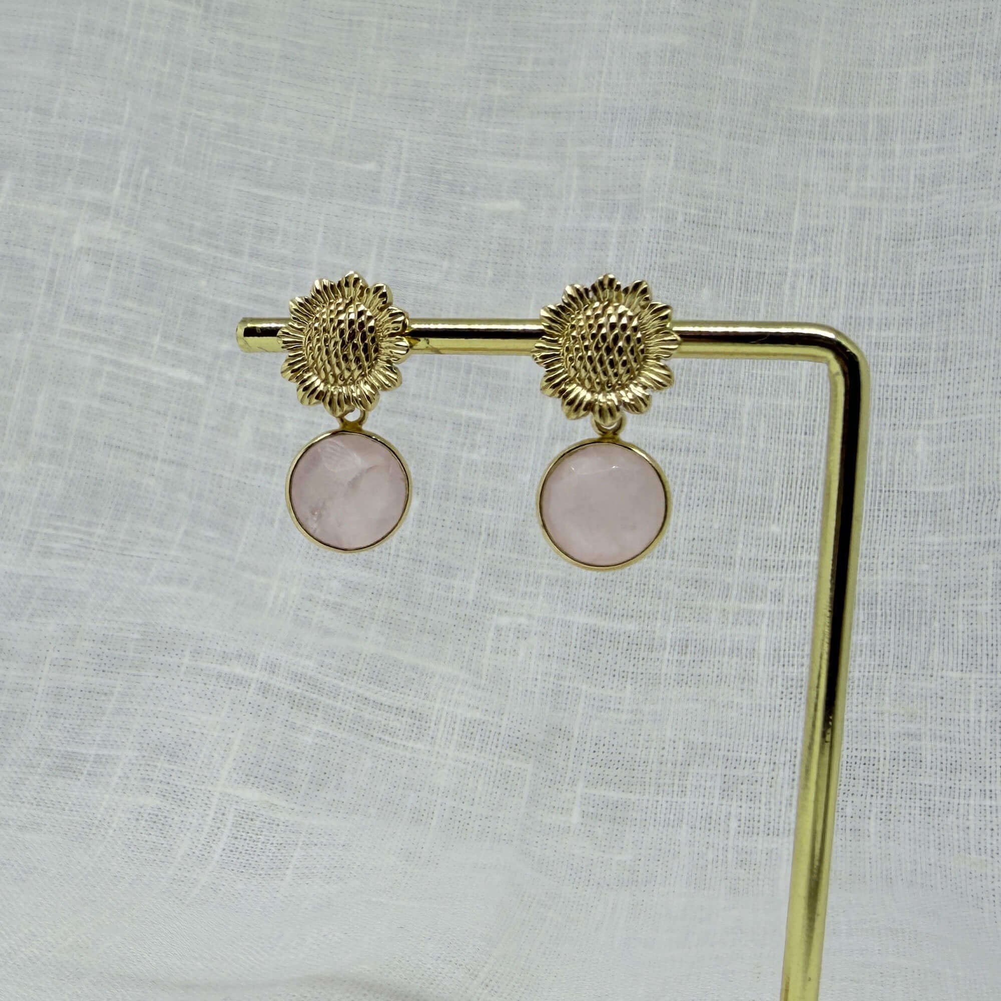 Rose Quartz and Sunflower gold vermeil earrings - Beyond Biasa
