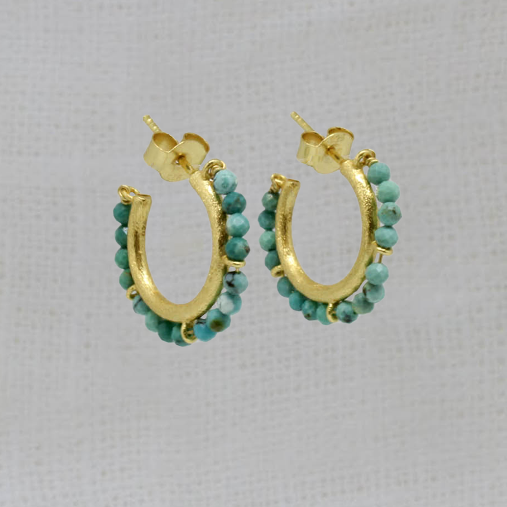 Turquoise beaded gemstone hoop earrings in brushed gold vermeil with a stud fitting - Beyond Biasa